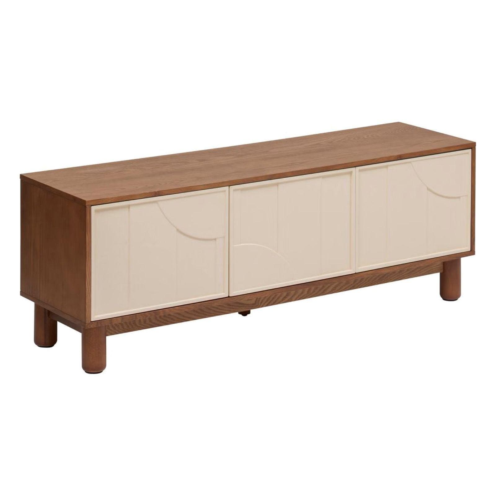 Mobile porta tv 140x51h cm impiallacciato effetto noce con 2 ante 1 cassetto beige e decorazione in rilievo - Hollie