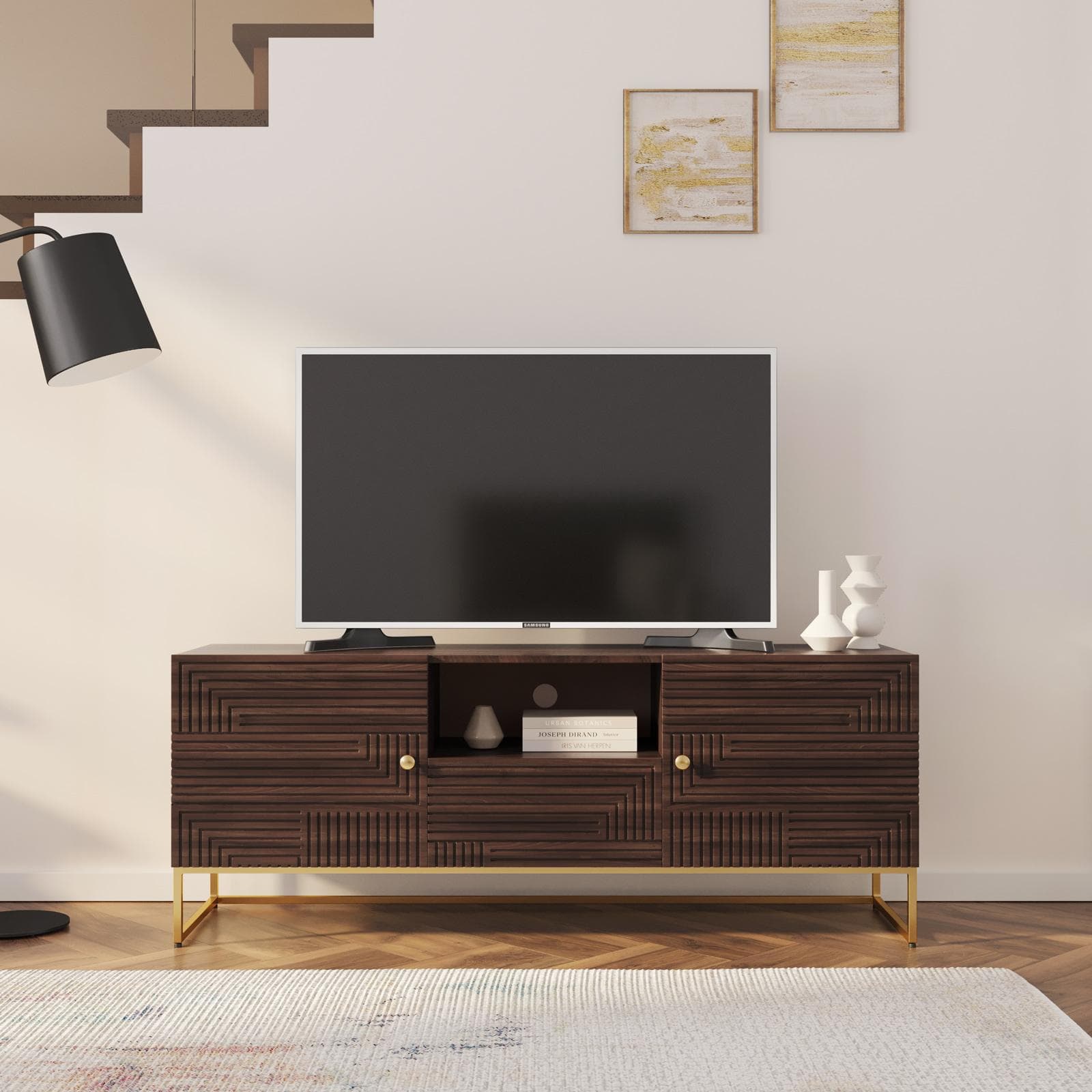 Mobile porta tv 130x55h cm in legno di mango cannettato e metallo con 2 ante e 1 cassetto - Lysandra