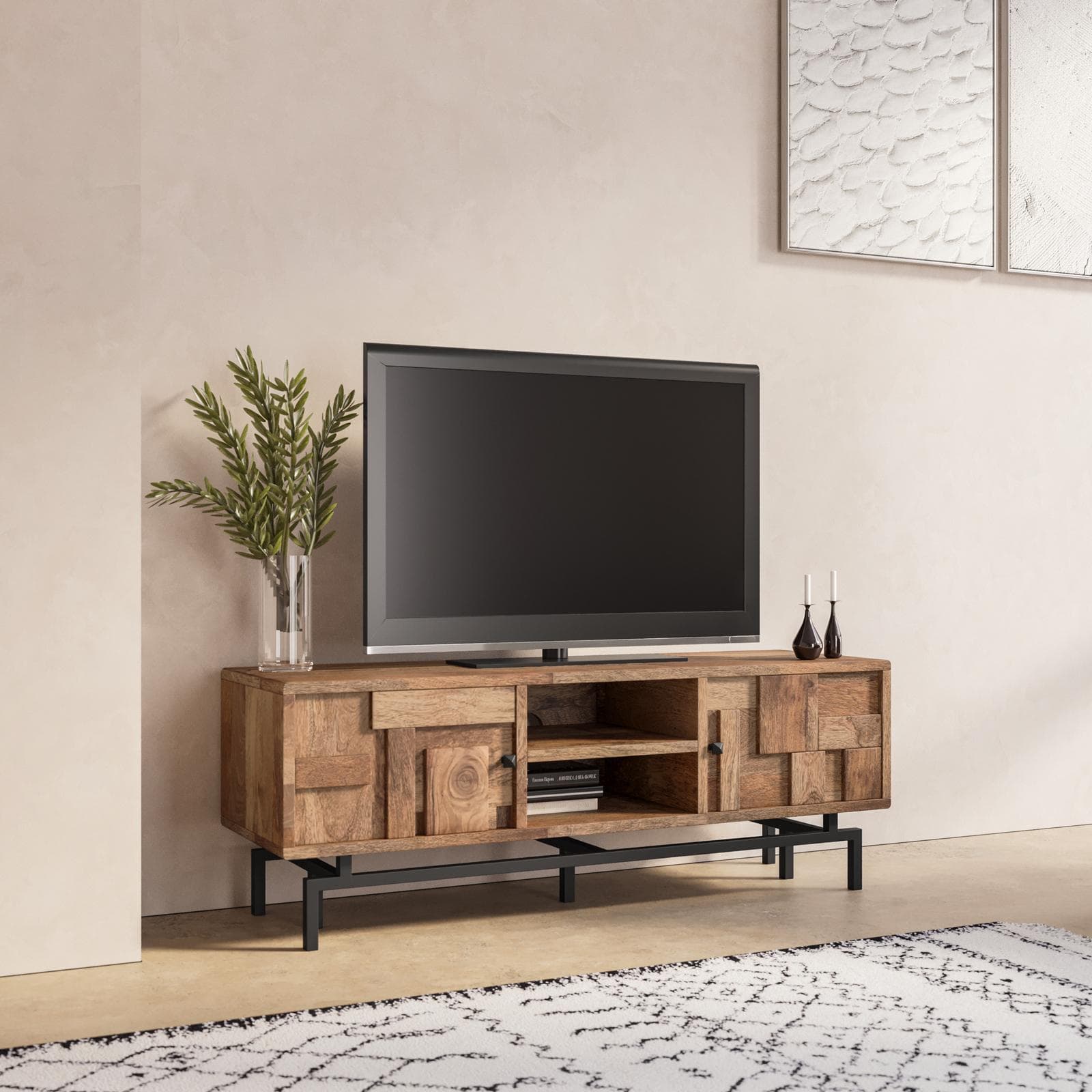 Mobile porta tv 148x55h cm in legno di acacia con 2 ante e base in metallo nero - Baktu