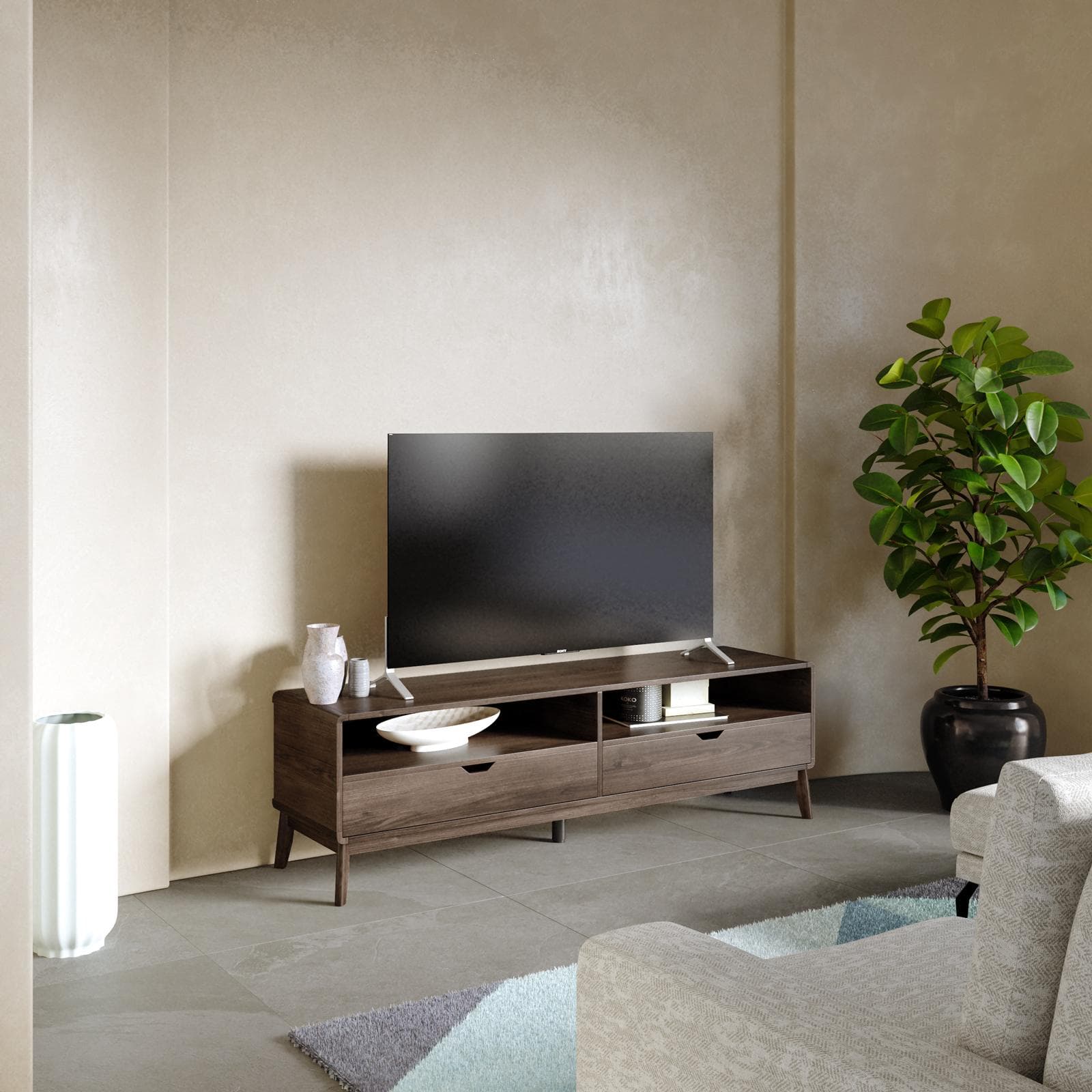 Mobile porta tv 150x45h cm in legno rovere kover con 2 vani a giorno e 2 cassetti - Ember