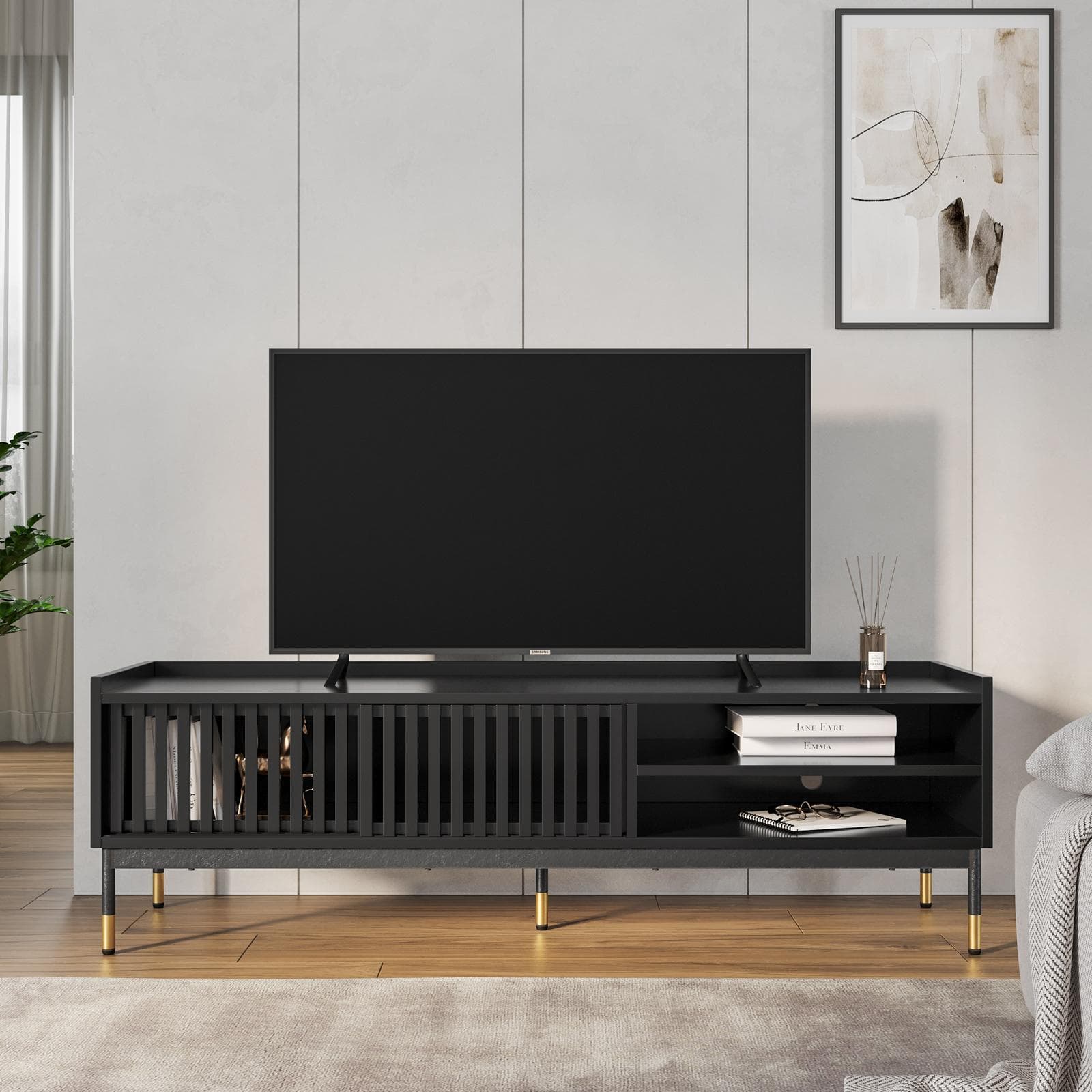 Mobile porta tv 150x47h cm con 2 ante nero opaco cannettato e gambe in acciaio con dettagli oro - Mirabel