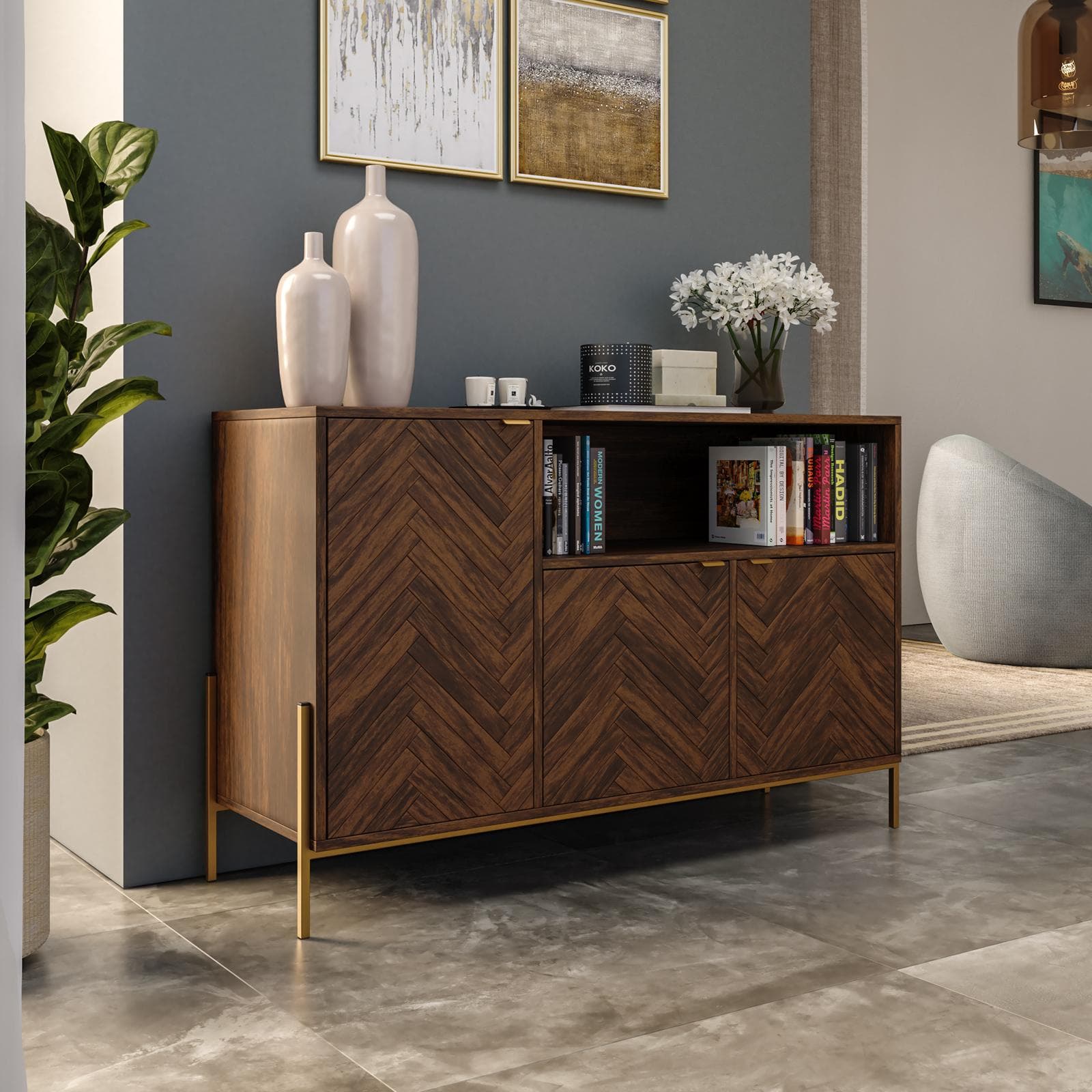 Madia 120x76h cm in legno noce effetto parquet con 3 ante e struttura in metallo oro bronzato - Mufasa