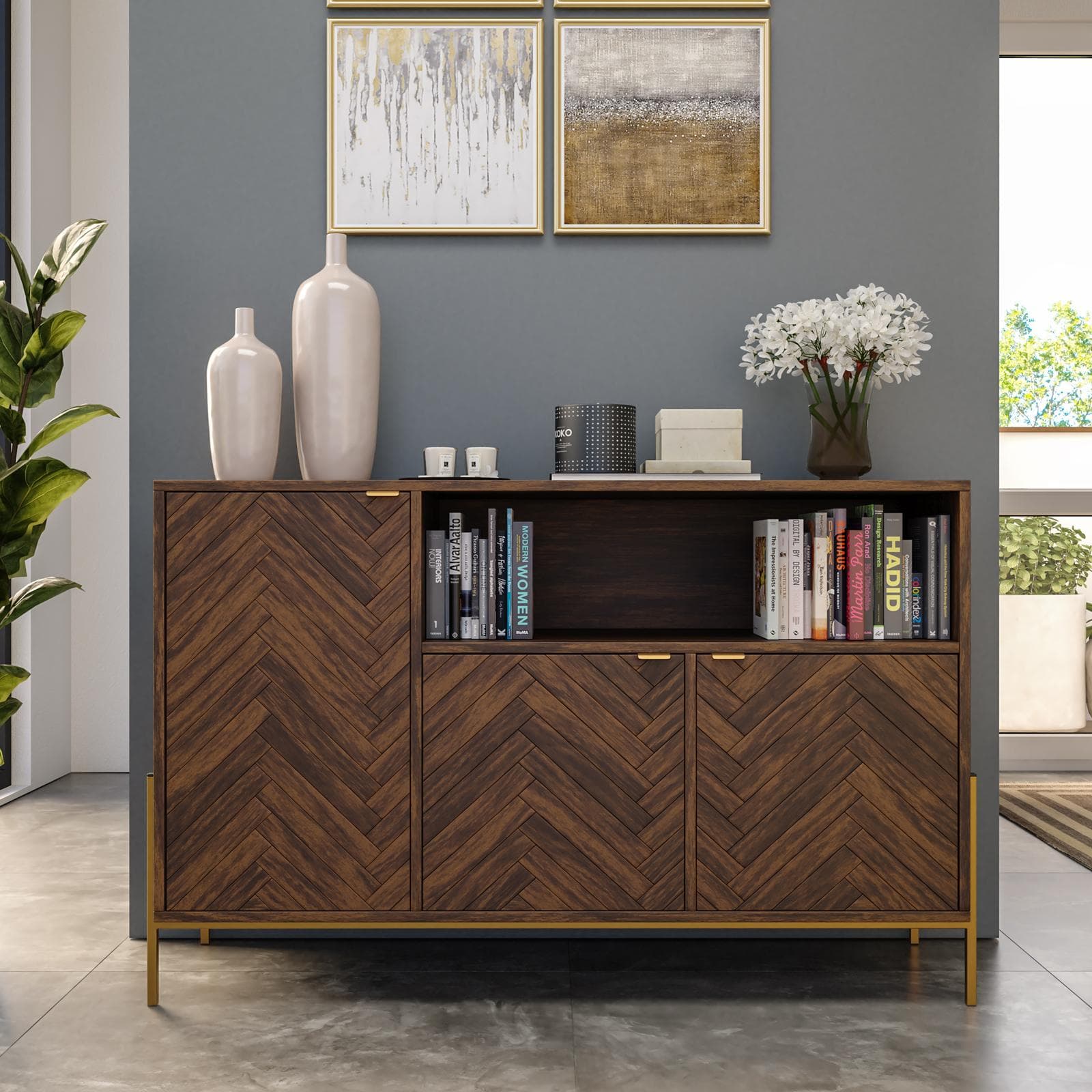 Madia 120x76h cm in legno noce effetto parquet con 3 ante e struttura in metallo oro bronzato - Mufasa