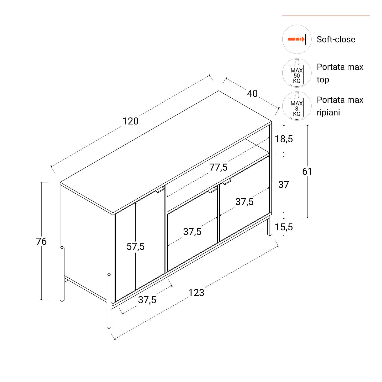 Madia 120x76h cm in legno noce effetto parquet con 3 ante e struttura in metallo oro bronzato - Mufasa