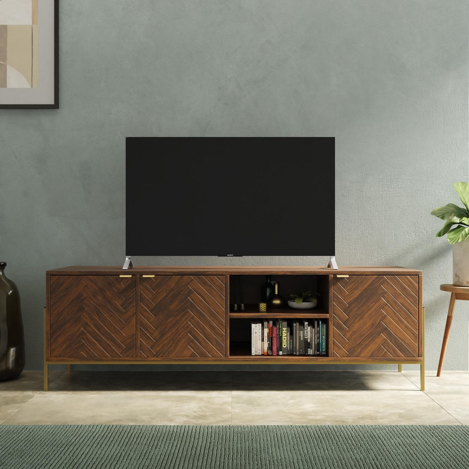 Mobile porta tv 150x48h cm noce effetto parquet con 3 ante e struttura in metallo oro bronzato - Mufasa