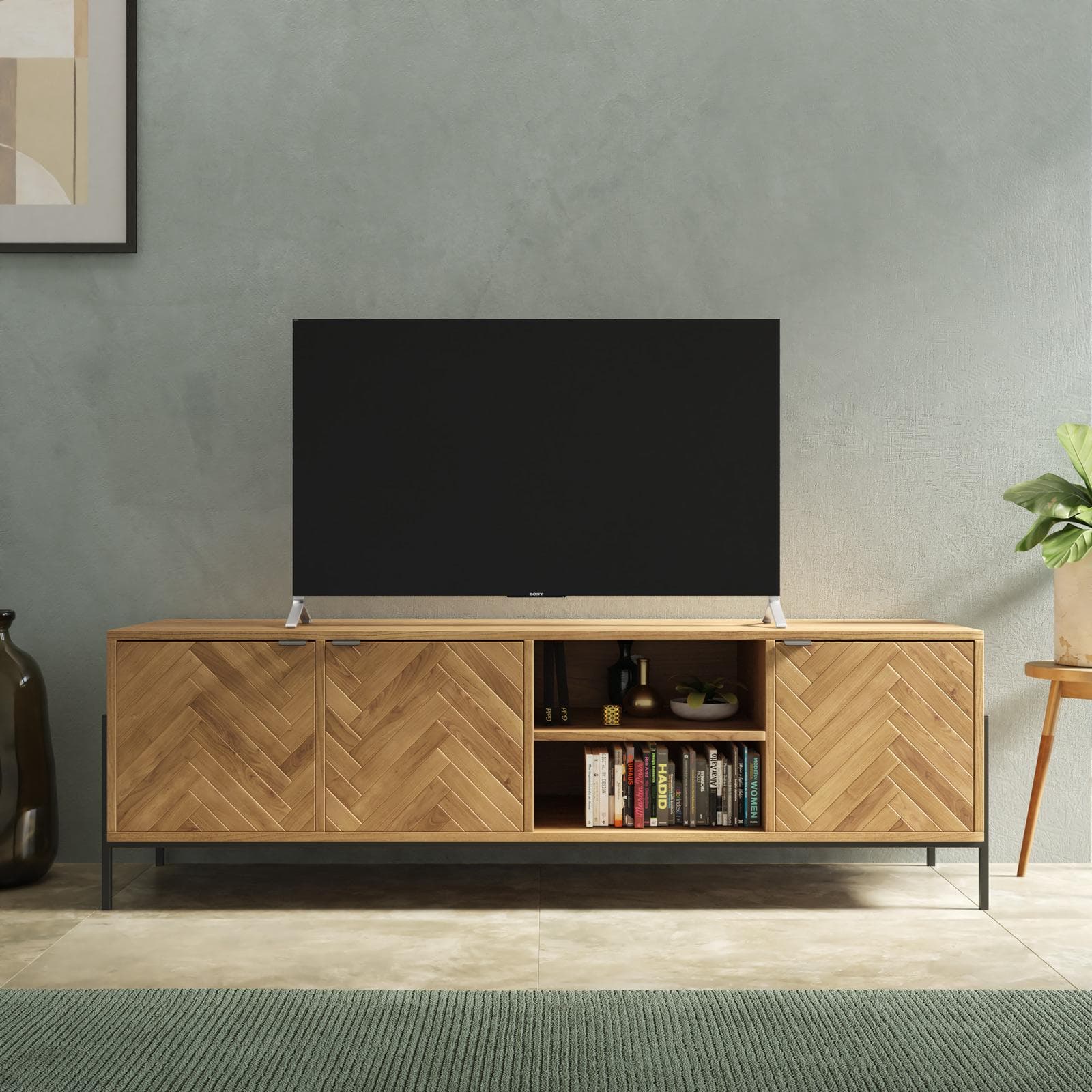 Mobile porta tv 150x48h cm in legno rovere chiaro effetto parquet con 3 ante e struttura in metallo nero opaco - Mufasa