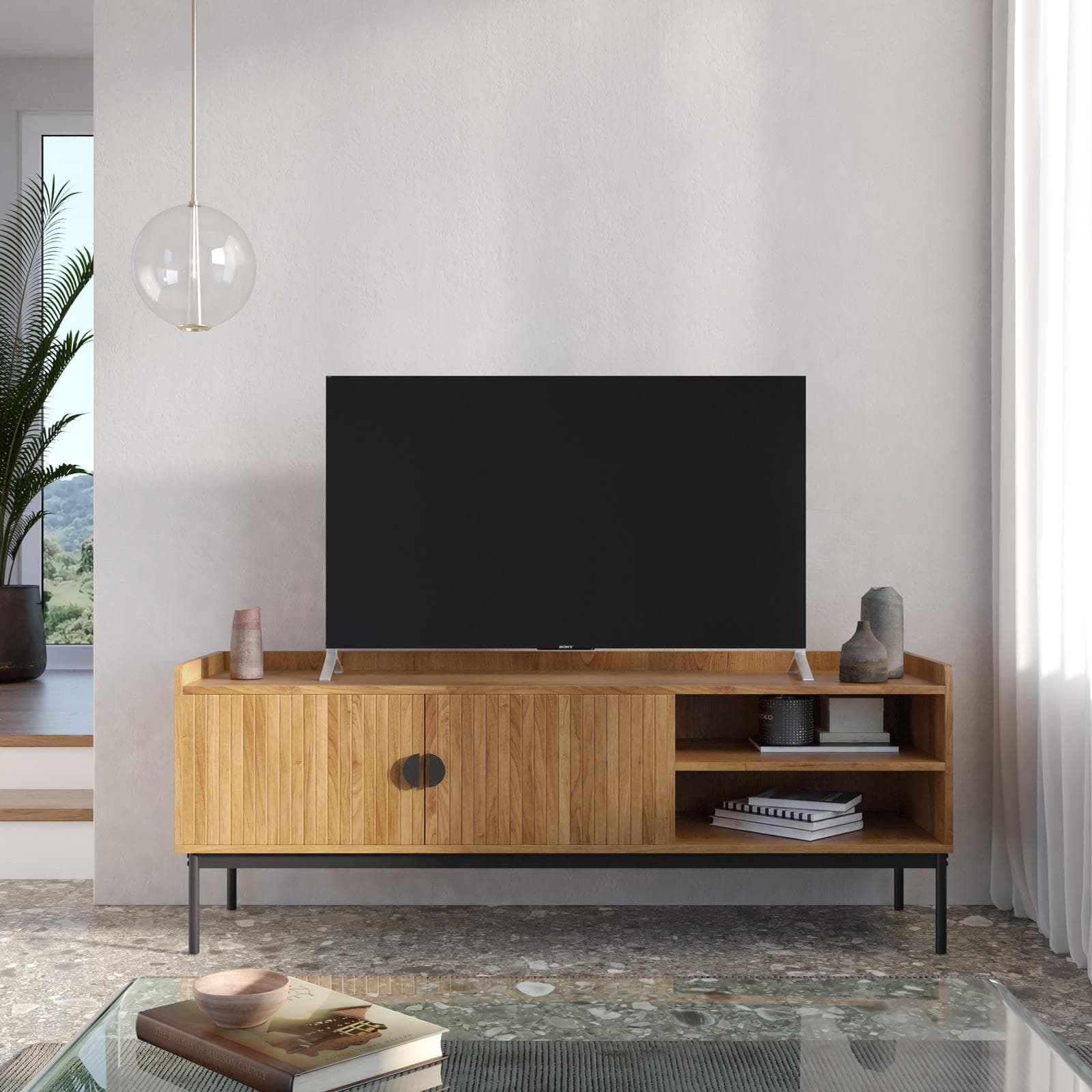 Mobile porta tv 150x56h cm con 2 ante soft close rovere chiaro e gambe in metallo nero - Ozma