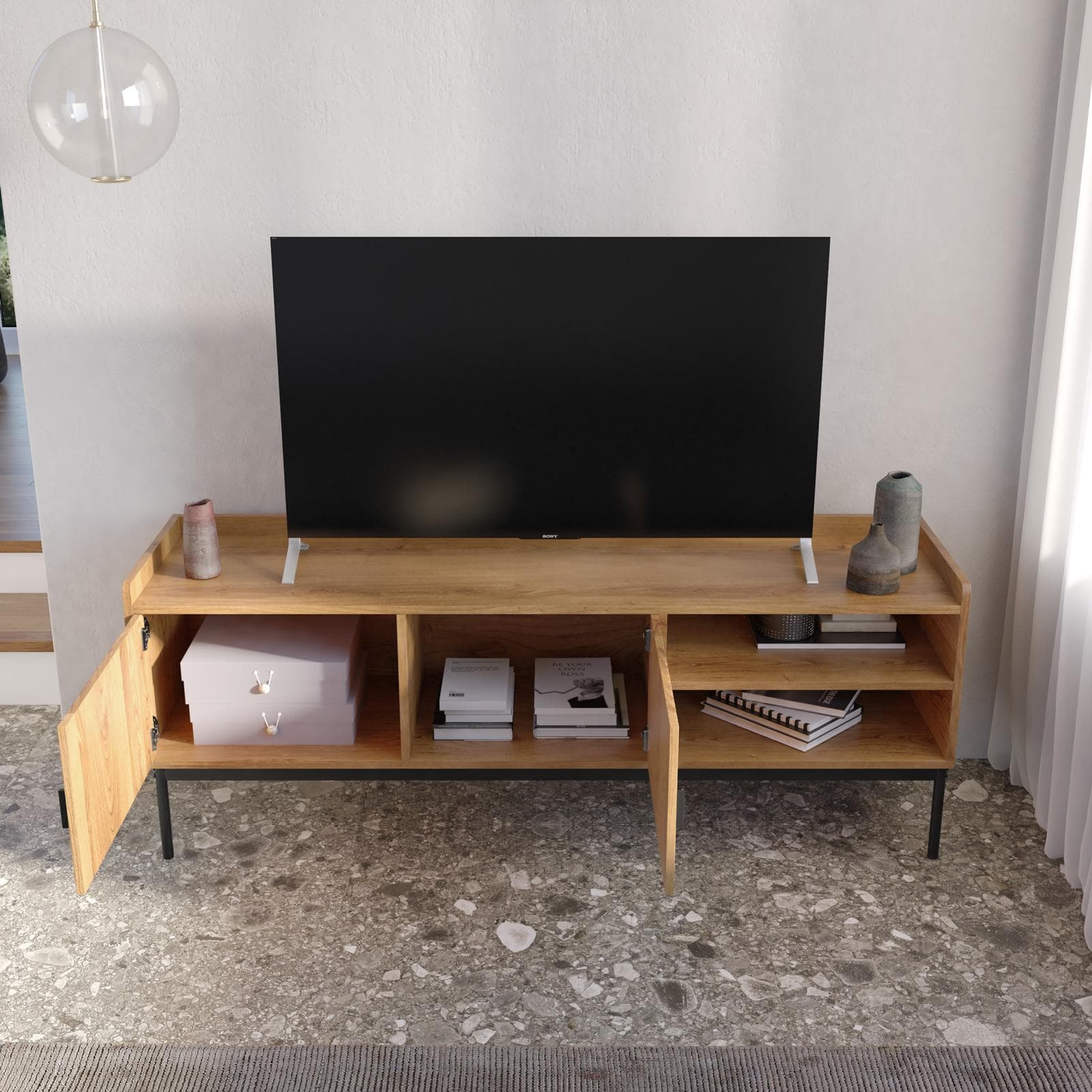 Mobile porta tv 150x56h cm con 2 ante soft close rovere chiaro e gambe in metallo nero - Ozma
