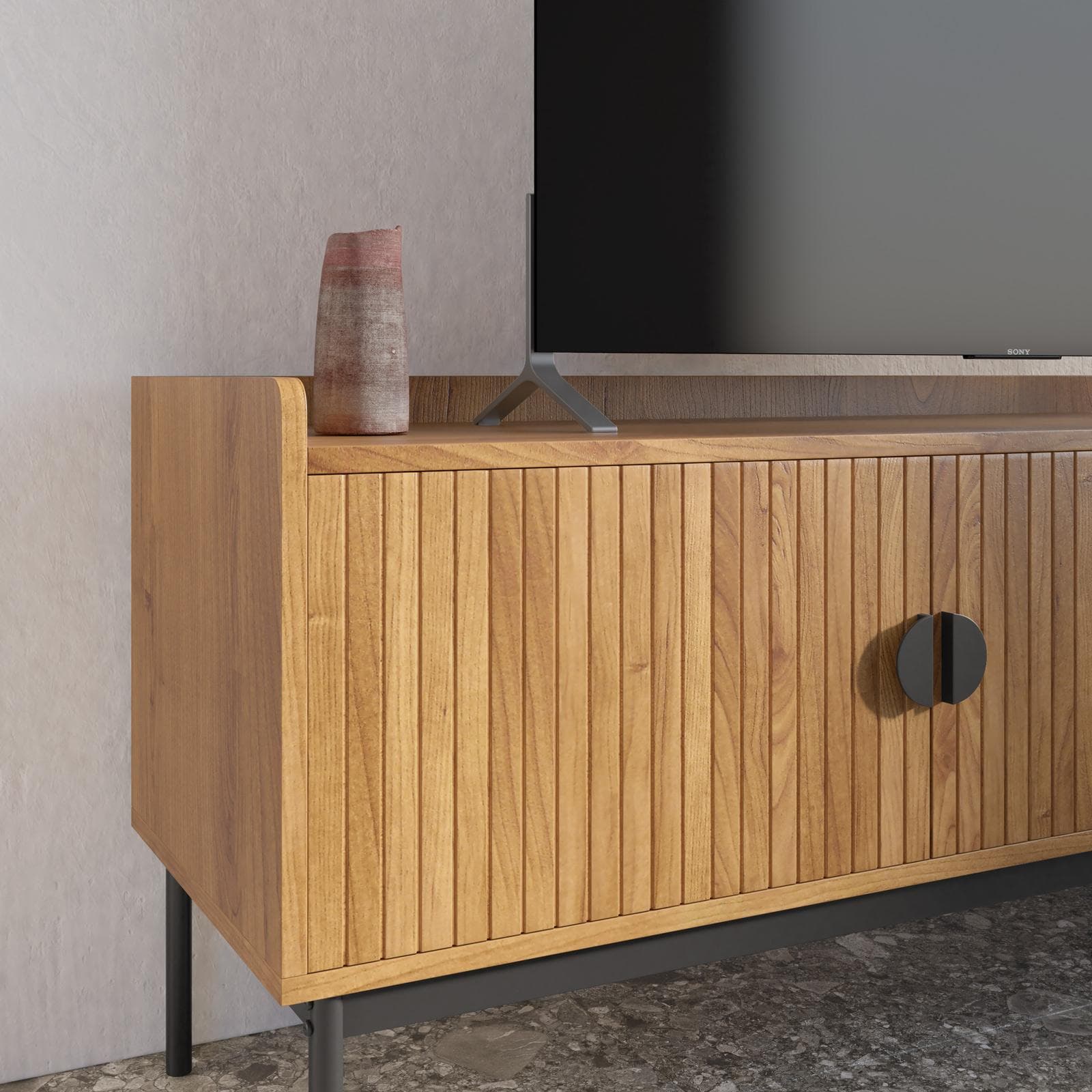 Mobile porta tv 150x56h cm con 2 ante soft close rovere chiaro e gambe in metallo nero - Ozma