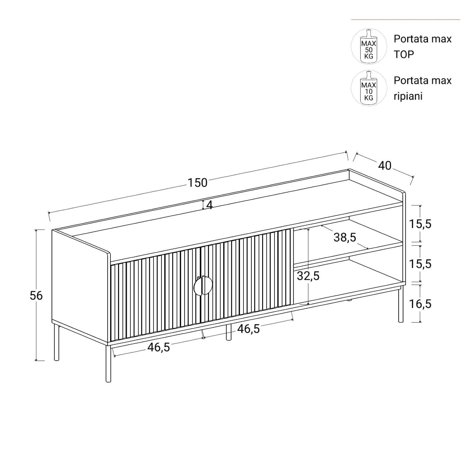 Mobile porta tv 150x56h cm con 2 ante soft close rovere chiaro e gambe in metallo nero - Ozma