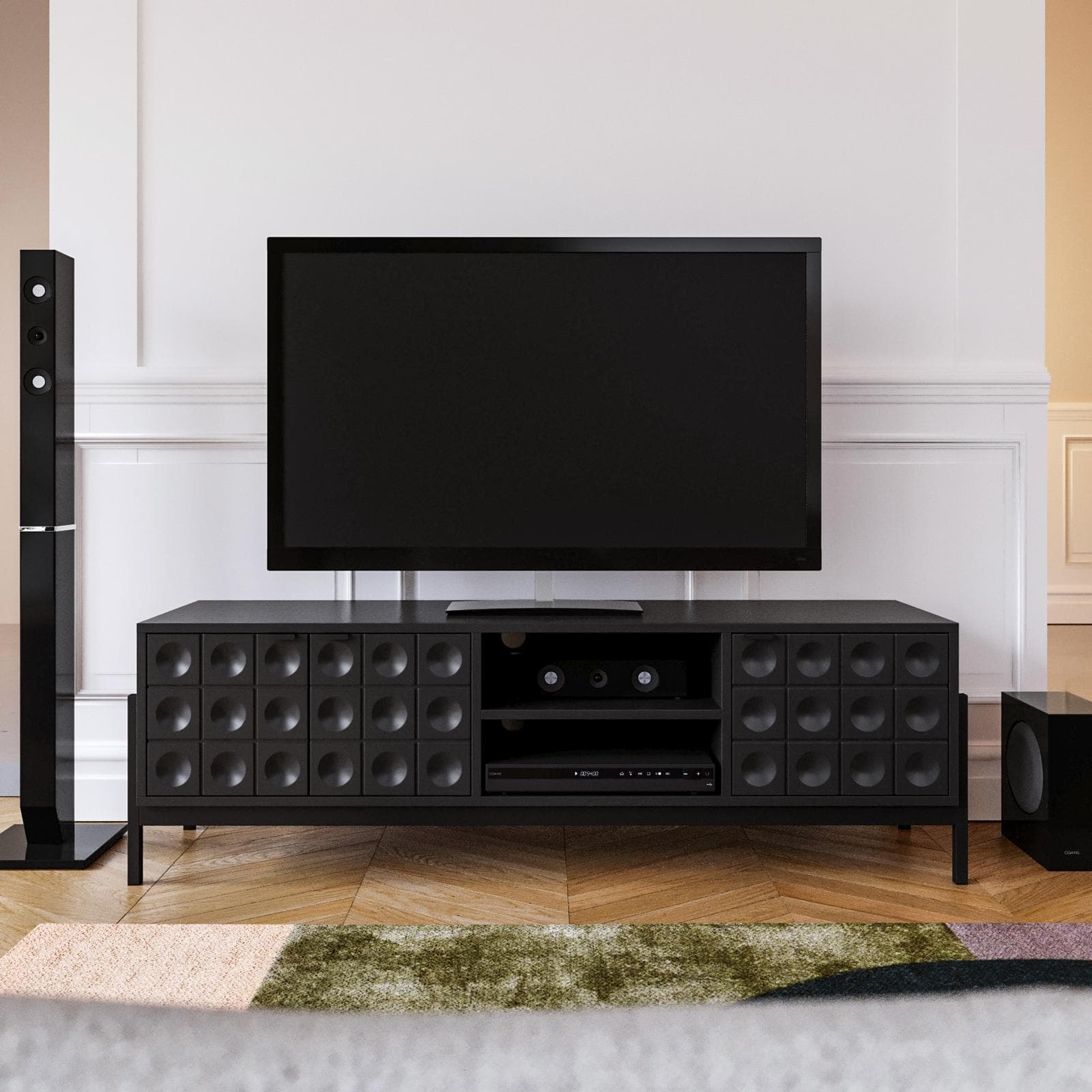 Mobile porta tv 153x48h cm nero con piedi in metallo e 3 ante soft close - Miara