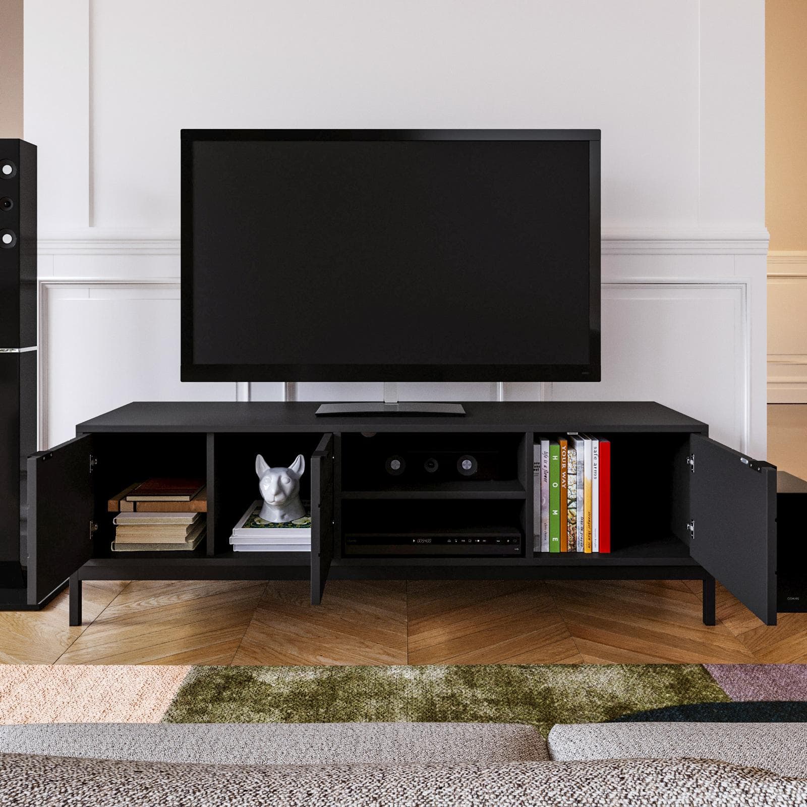 Mobile porta tv 153x48h cm nero con piedi in metallo e 3 ante soft close - Miara