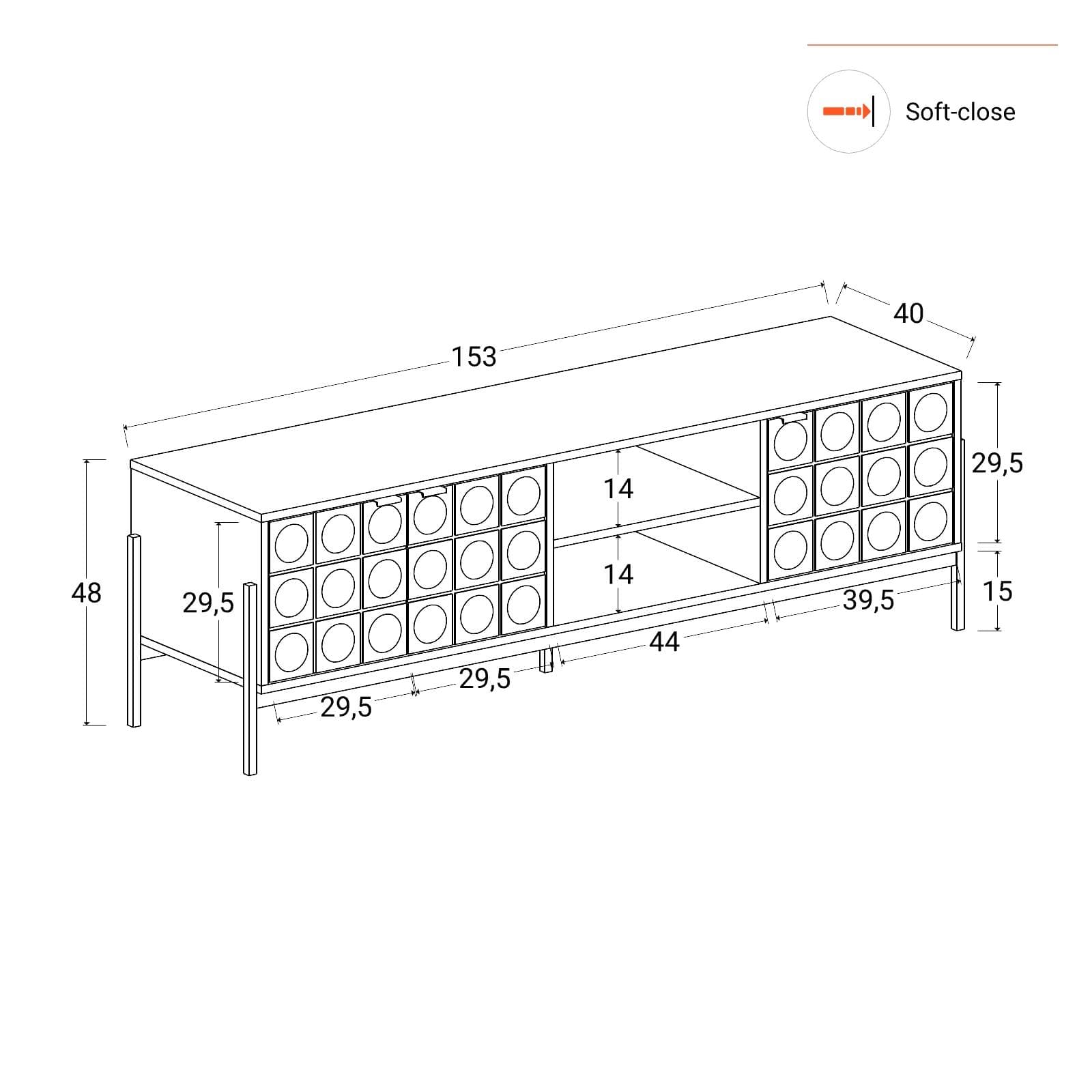 Mobile porta tv 153x48h cm nero con piedi in metallo e 3 ante soft close - Miara