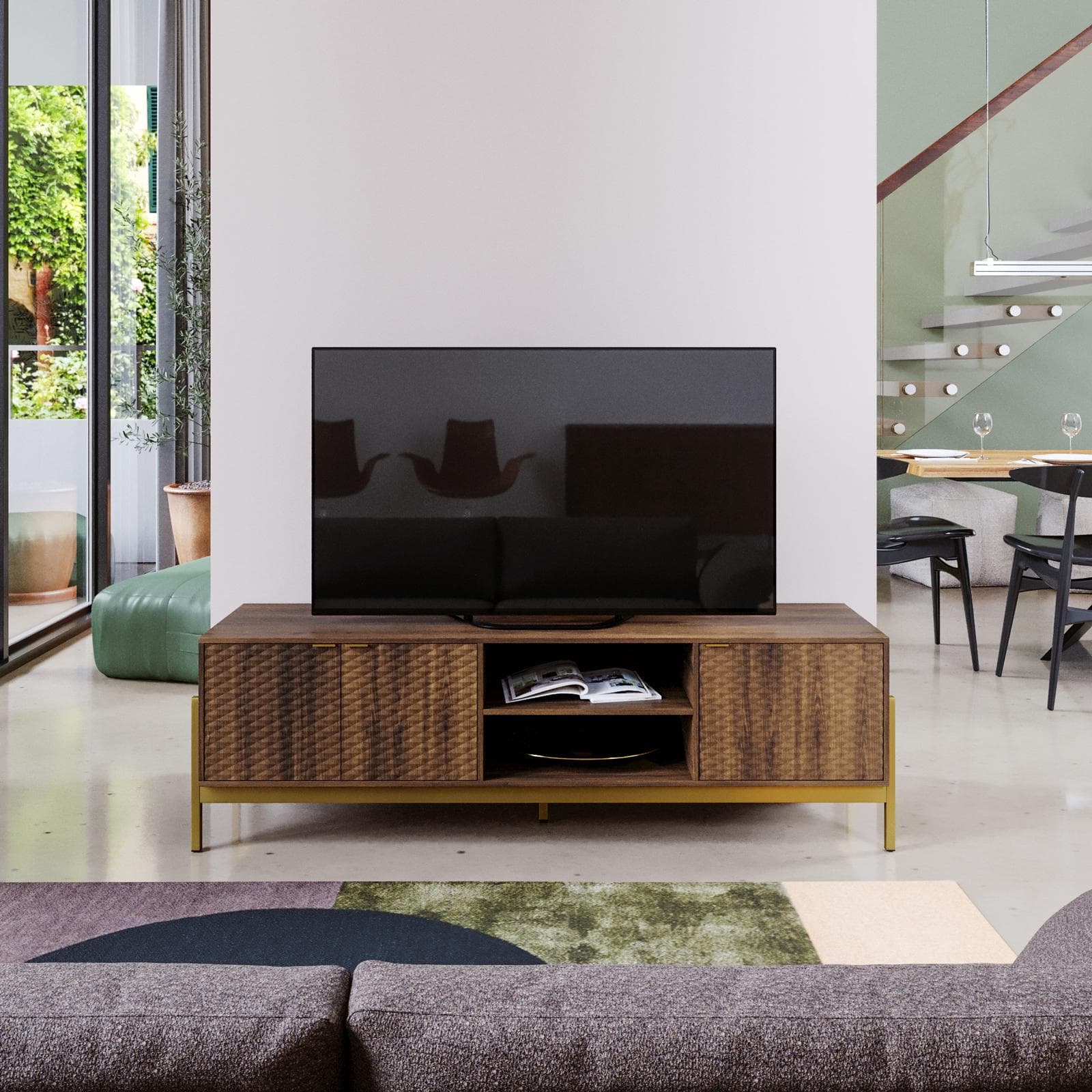 Mobile porta tv 153x48h cm noce con piedi in metallo oro bronzato e 3 ante soft close - Kyra
