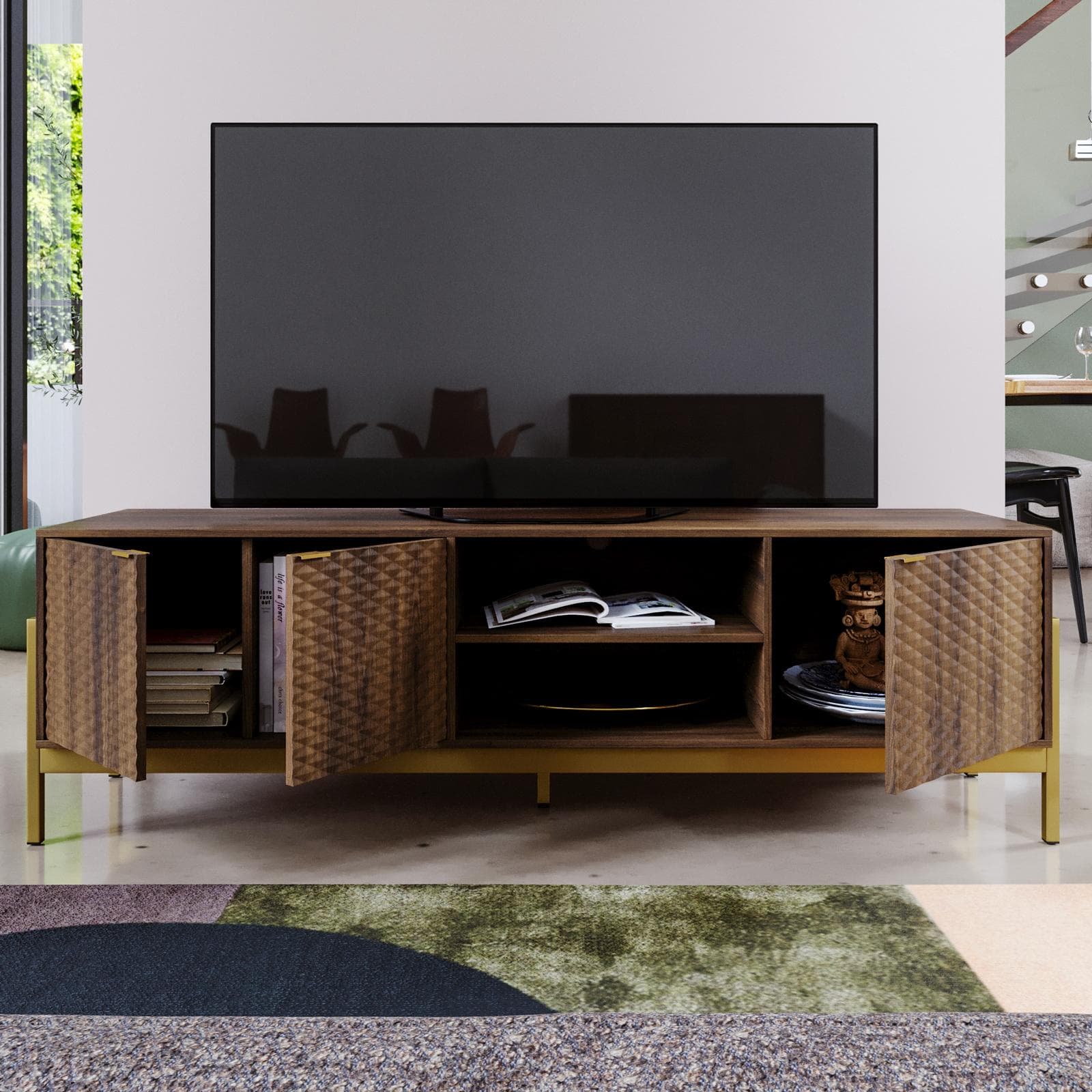Mobile porta tv 153x48h cm noce con piedi in metallo oro bronzato e 3 ante soft close - Kyra
