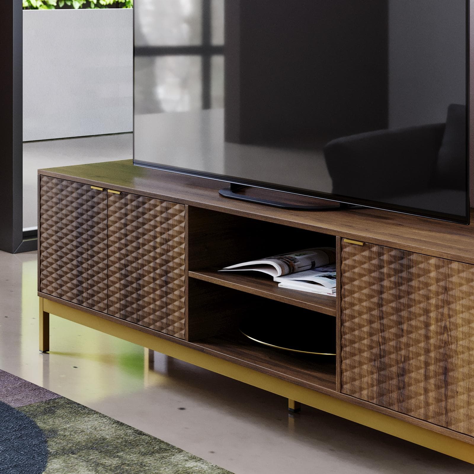 Mobile porta tv 153x48h cm noce con piedi in metallo oro bronzato e 3 ante soft close - Kyra