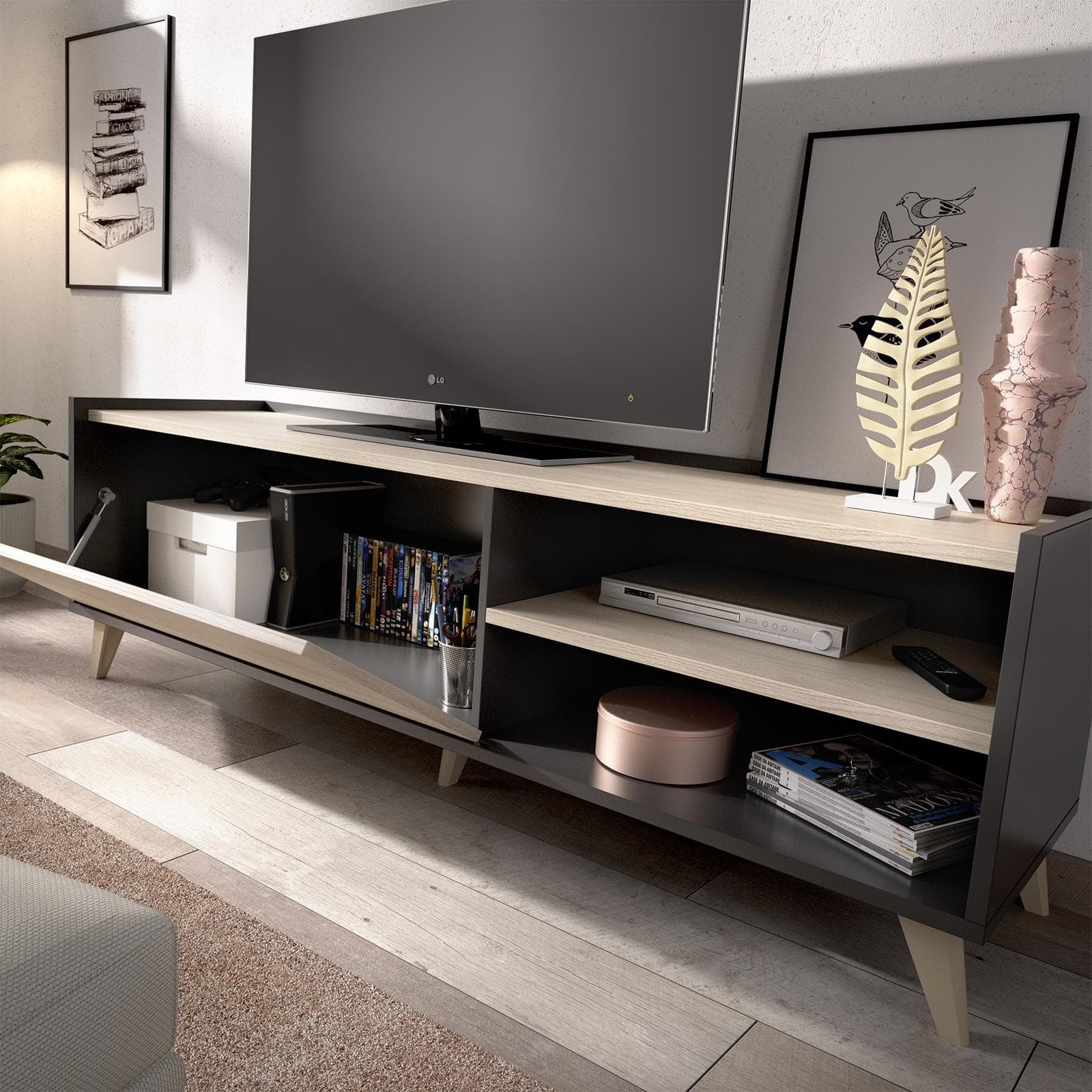 Mobile porta tv 155 cm in legno naturale e grafite - Eike