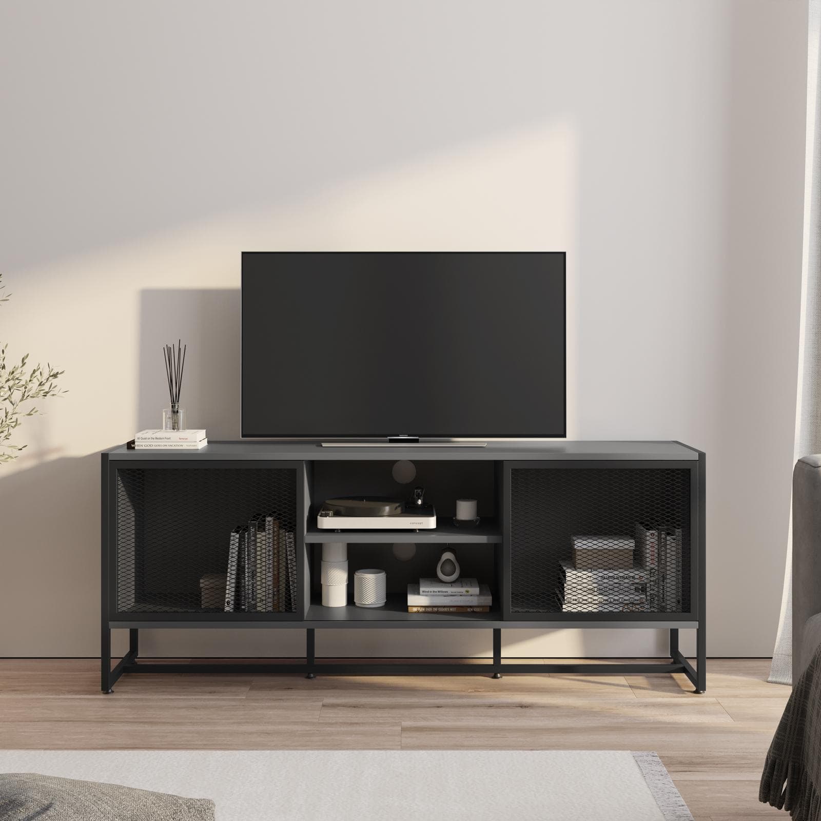 Mobile porta tv 155x36 cm in acciaio antracite e nero con ante scorrevoli - Sheryl