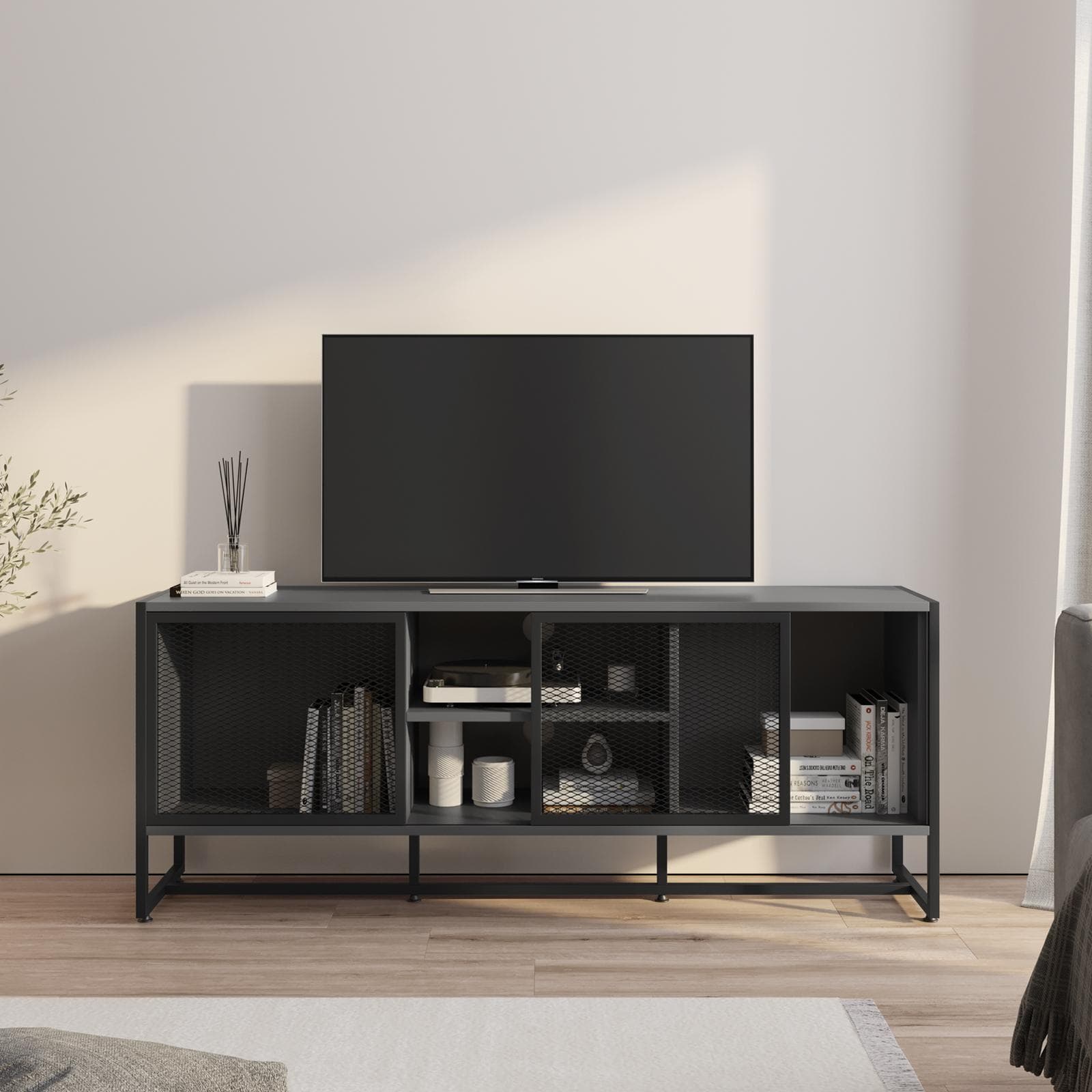 Mobile porta tv 155x36 cm in acciaio antracite e nero con ante scorrevoli - Sheryl