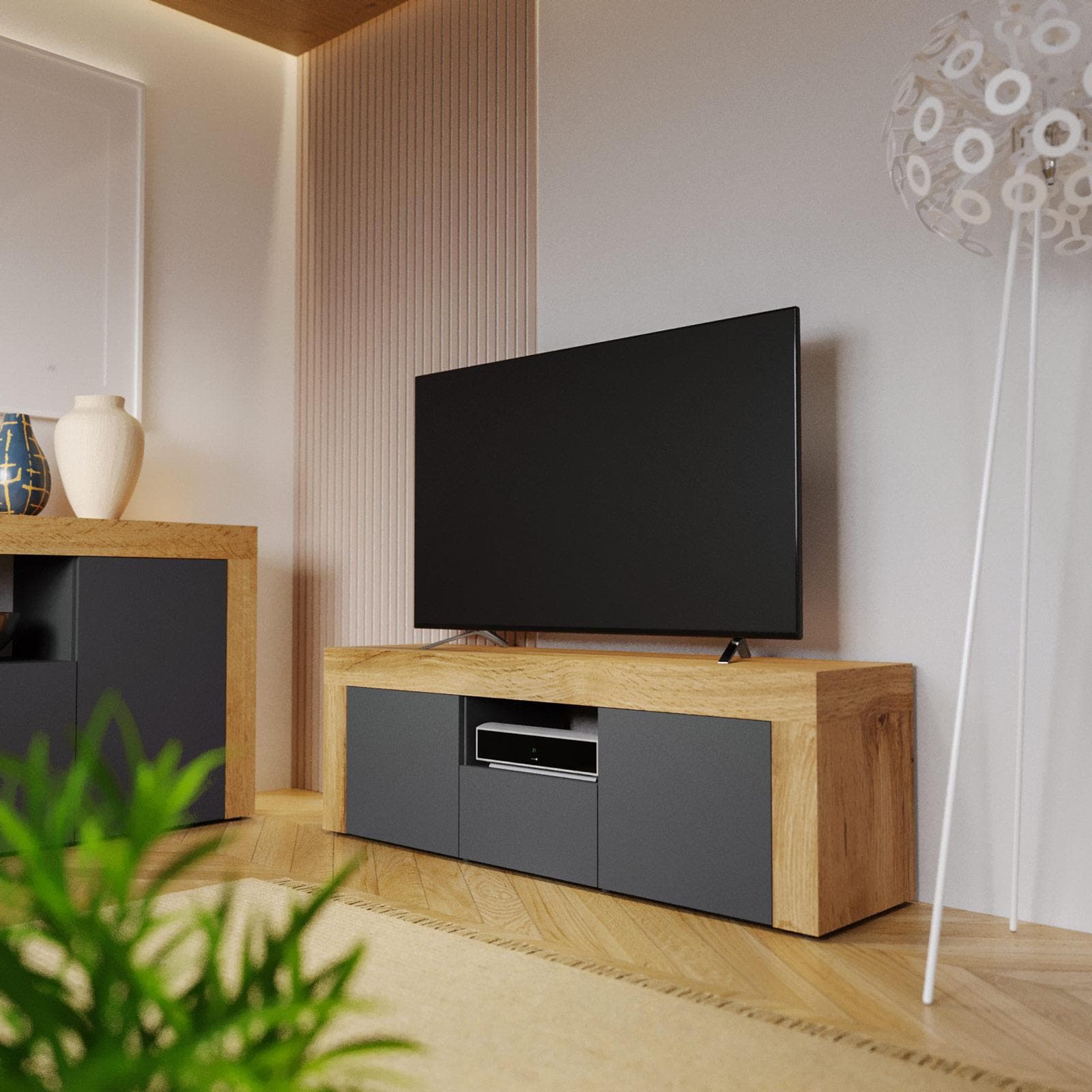 Mobile porta tv 155x50h cm con 2 ante e 1 cassetto antracite opaco e rovere wotan - Kayros