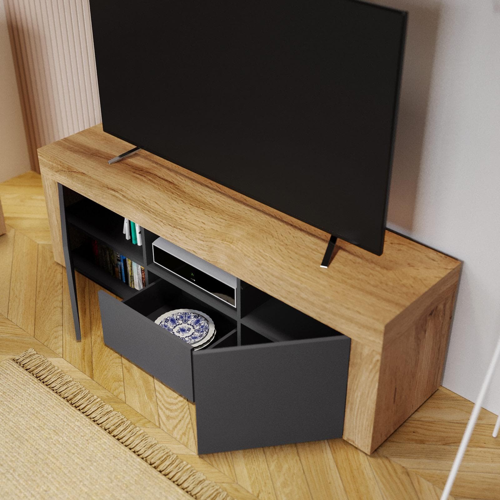 Mobile porta tv 155x50h cm con 2 ante e 1 cassetto antracite opaco e rovere wotan - Kayros