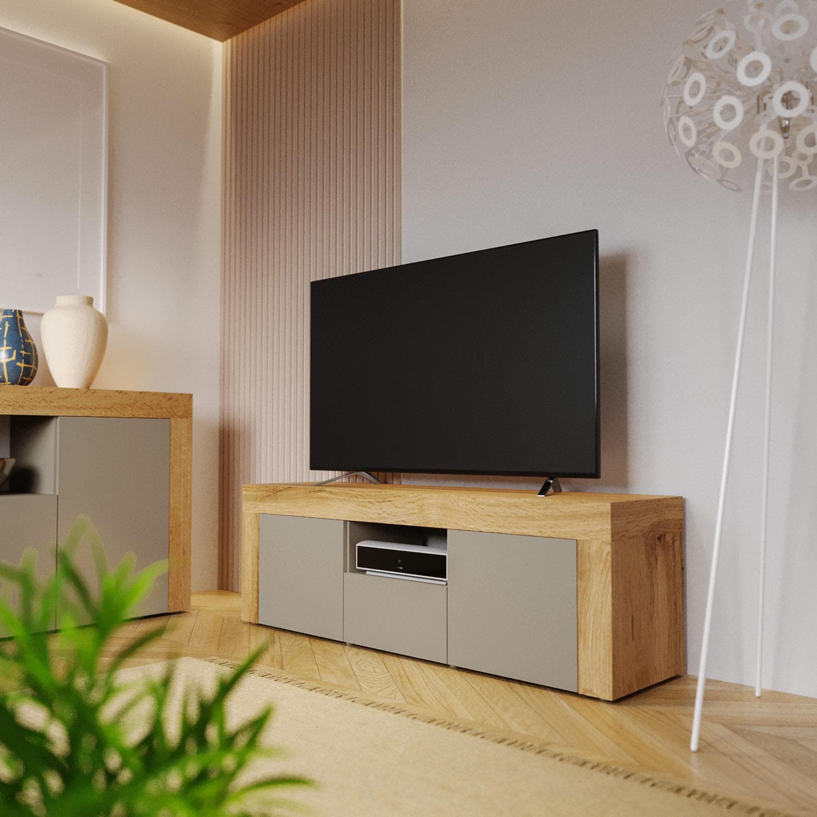 Mobile porta tv 155x50h cm con 2 ante e 1 cassetto tortora opaco e rovere wotan - Kayros