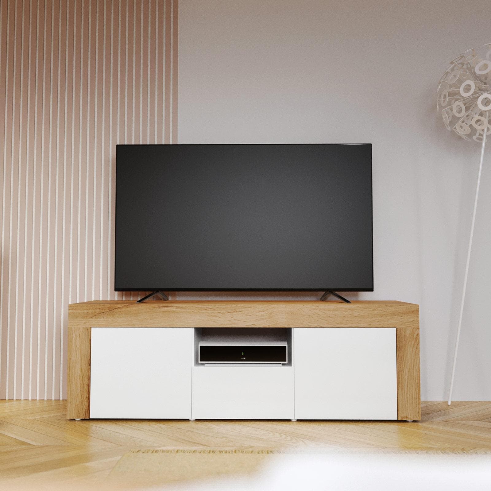 Mobile porta tv 155x50h cm con 2 ante e 1 cassetto bianco lucido e rovere wotan - Kayros