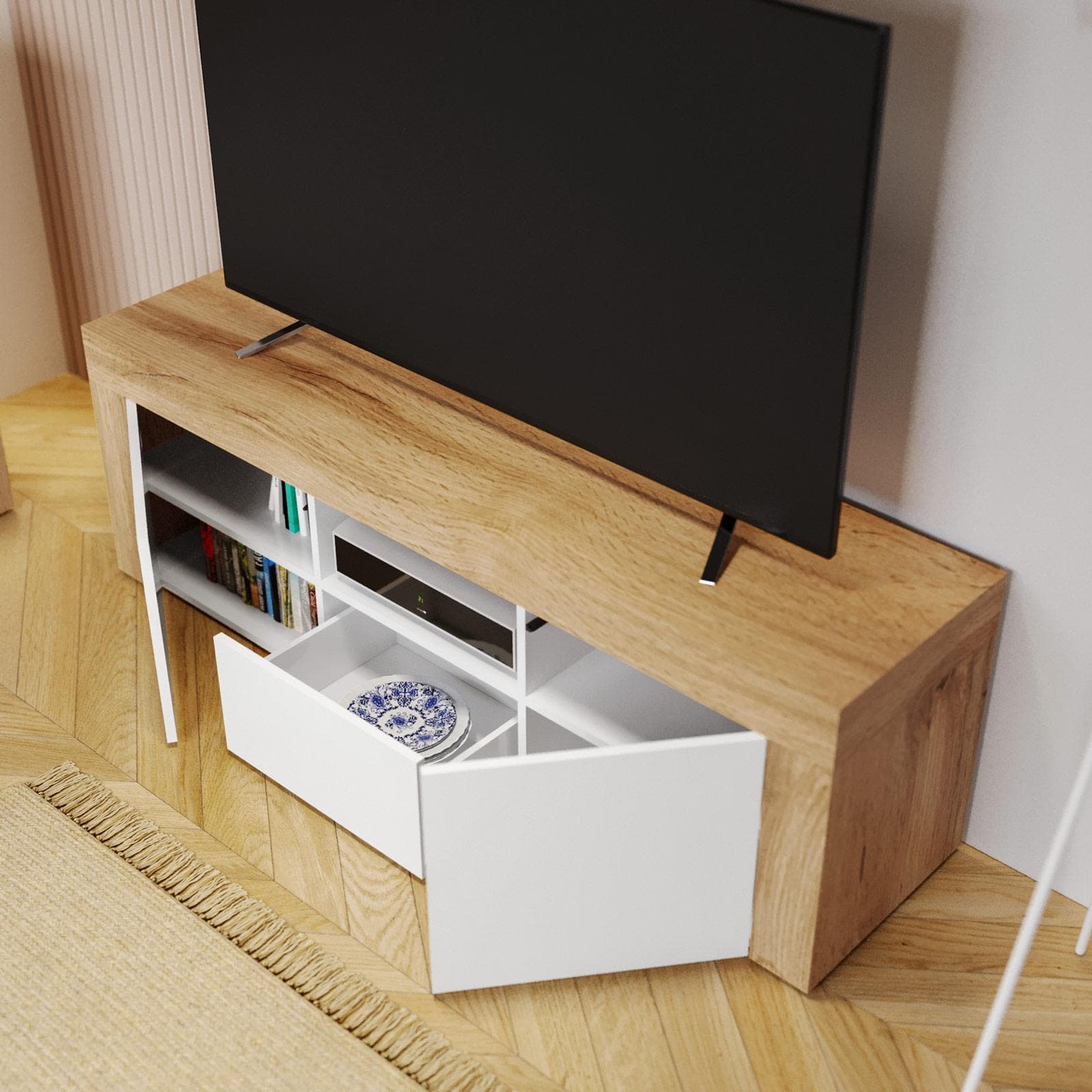 Mobile porta tv 155x50h cm con 2 ante e 1 cassetto bianco lucido e rovere wotan - Kayros