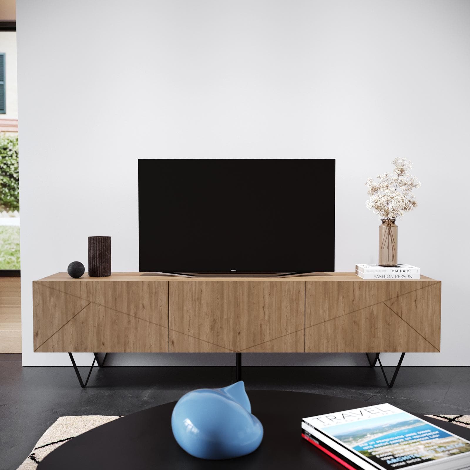 Mobile porta tv 160x40h cm noce con 4 ante e gambe in metallo nero - Nilufar