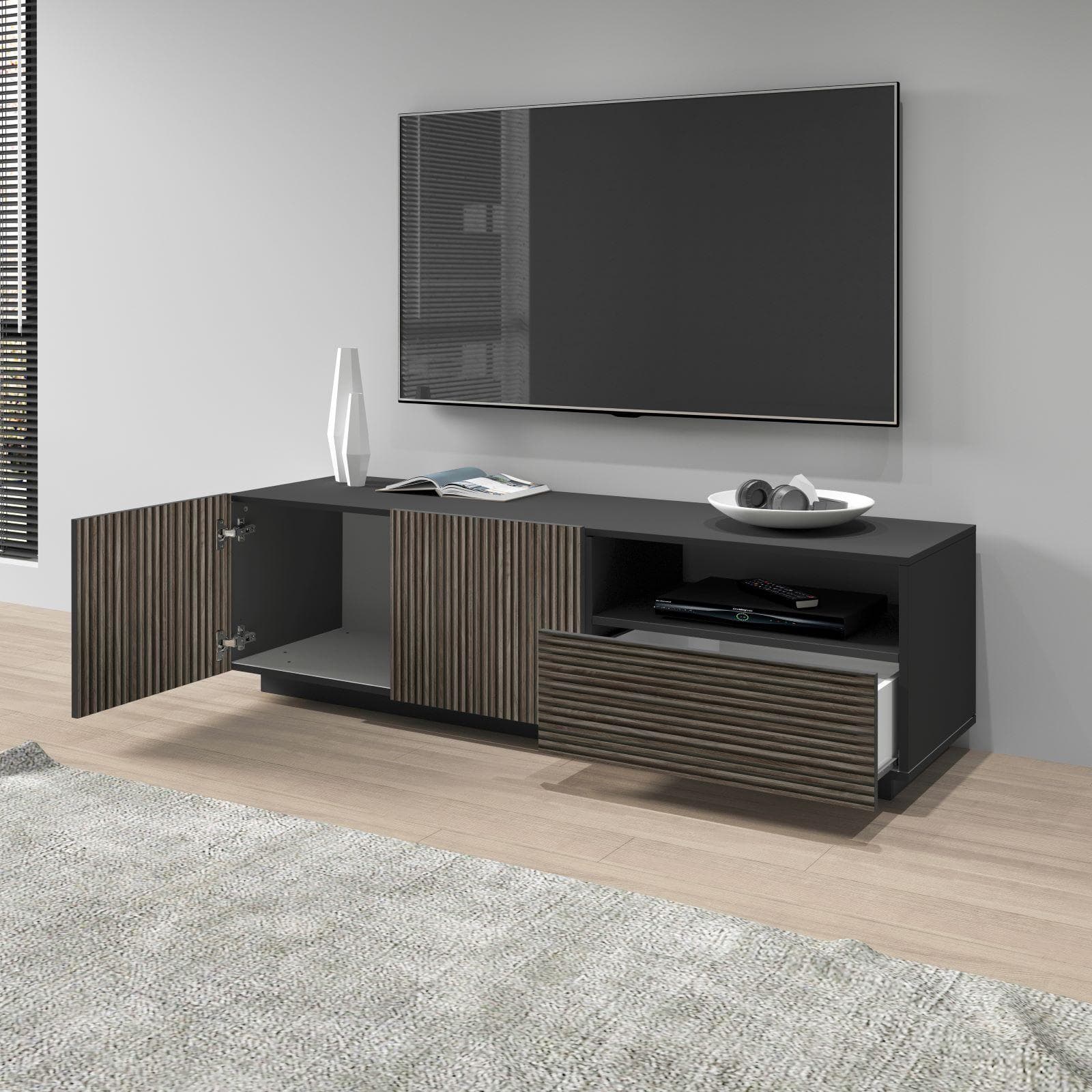 Mobile porta tv 150x46h cm antracite opaco con 2 ante e 1 cassetto effetto legno scuro cannettato - Roots