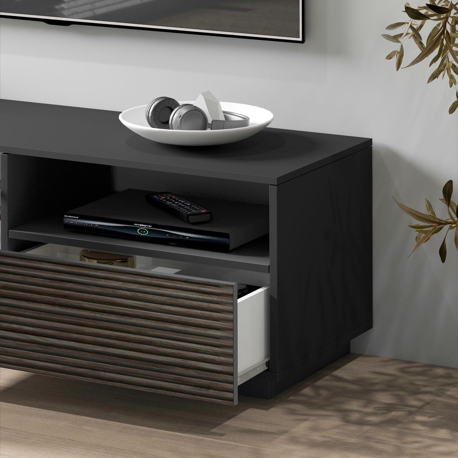 Mobile porta tv 150x46h cm antracite opaco con 2 ante e 1 cassetto effetto legno scuro cannettato - Roots