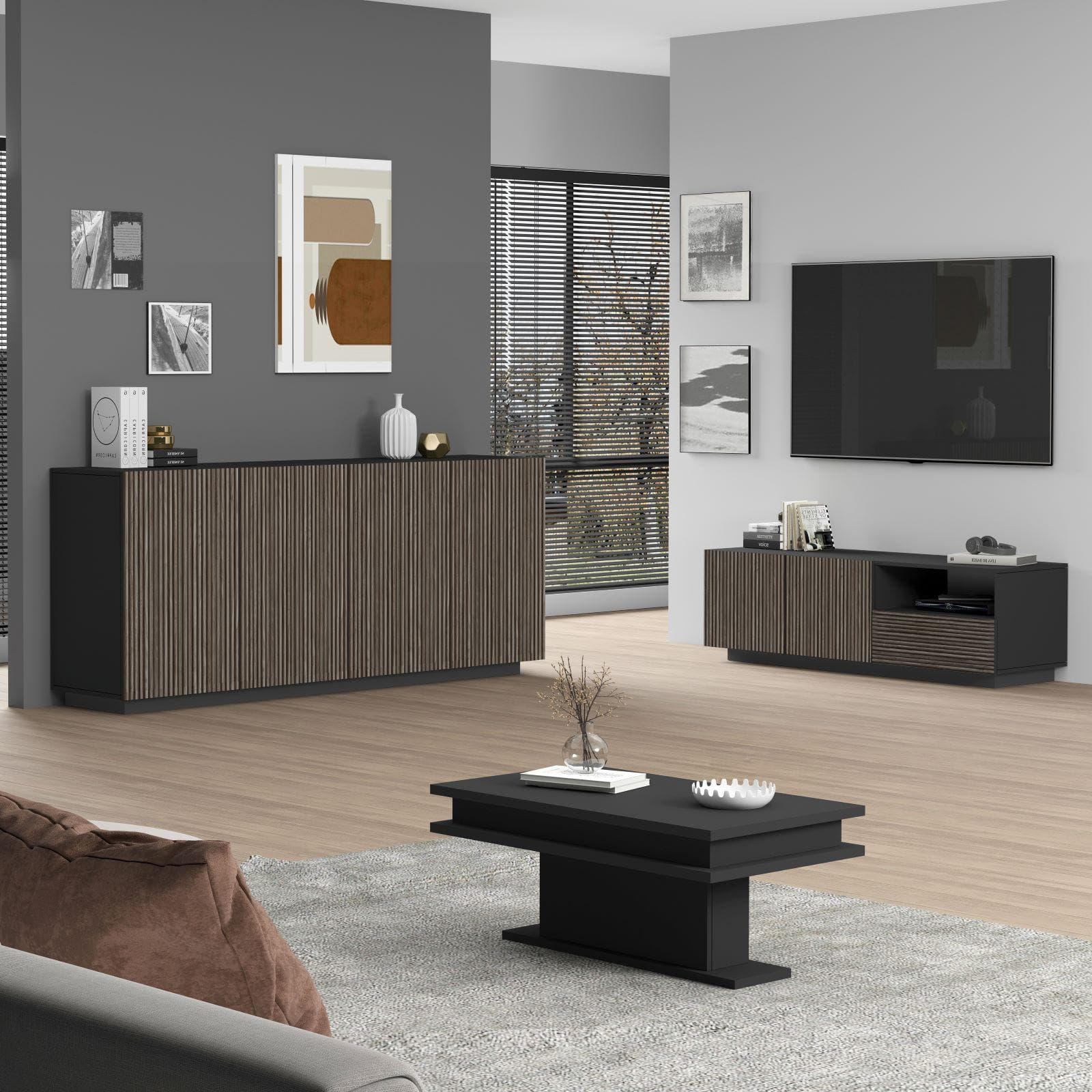 Mobile porta tv 150x46h cm antracite opaco con 2 ante e 1 cassetto effetto legno scuro cannettato - Roots