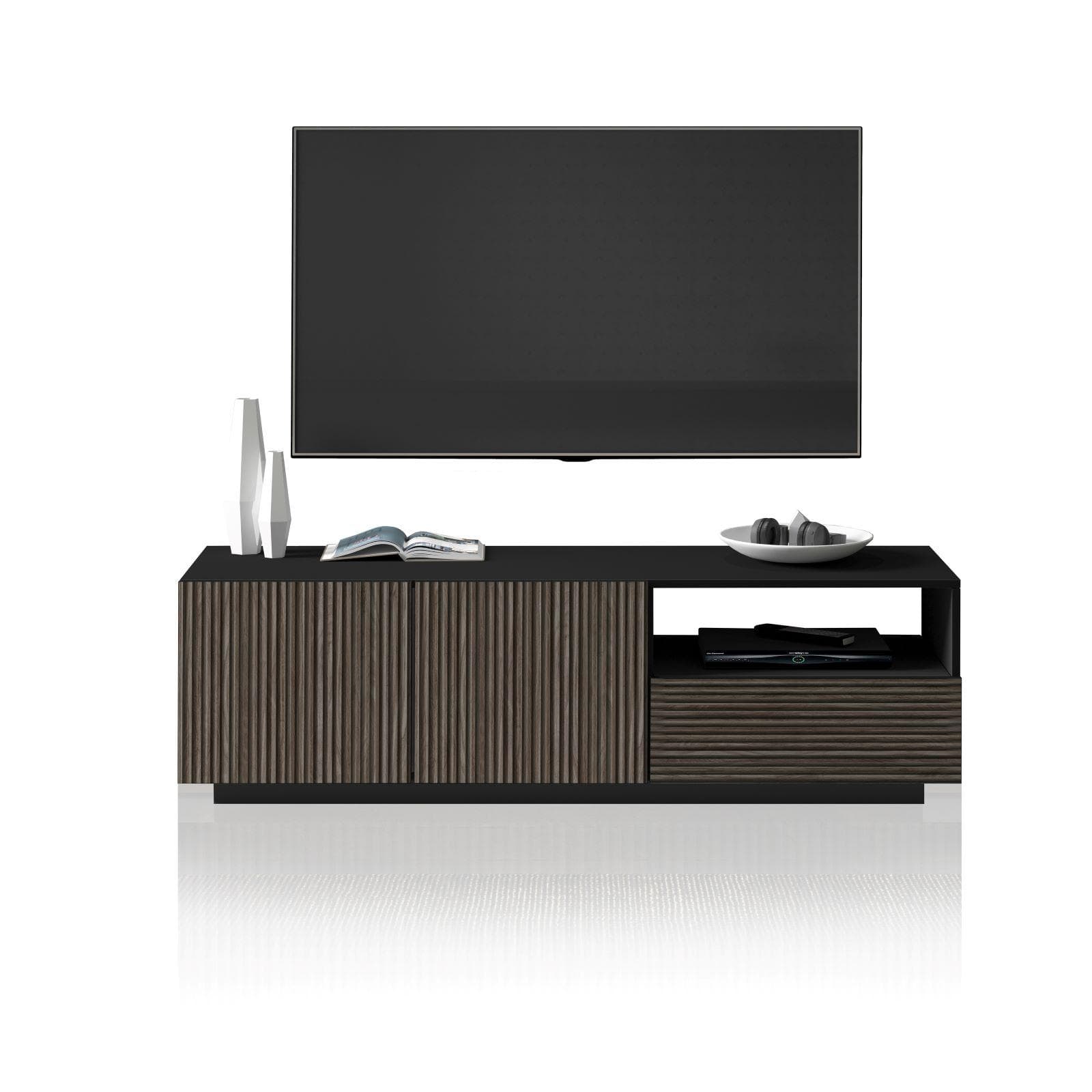 Mobile porta tv 150x46h cm antracite opaco con 2 ante e 1 cassetto effetto legno scuro cannettato - Roots