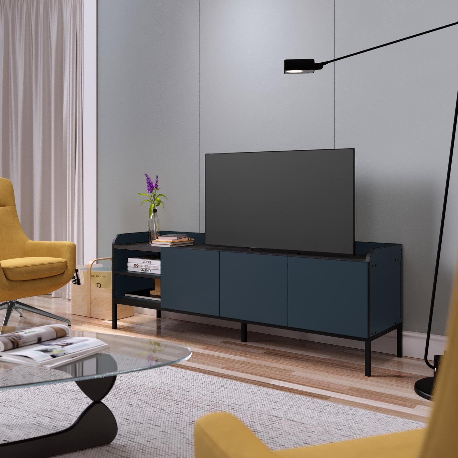 Mobile porta tv 160x55h cm blu con 3 ante e 2 vani a giorno e gambe in metallo nero - Jewel