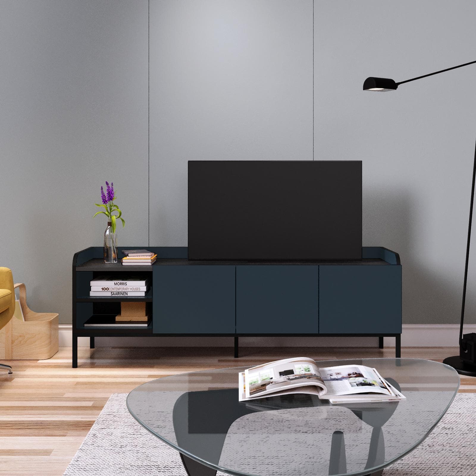 Mobile porta tv 160x55h cm blu con 3 ante e 2 vani a giorno e gambe in metallo nero - Jewel