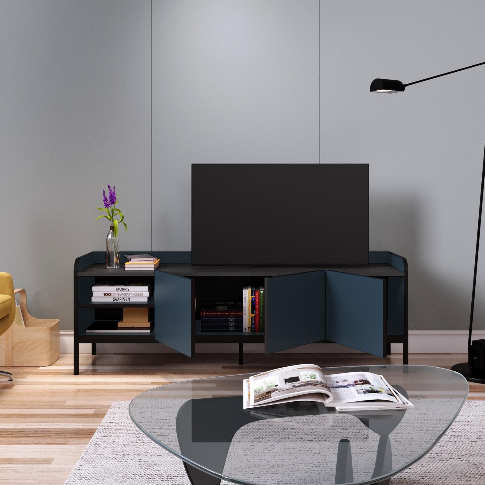 Mobile porta tv 160x55h cm blu con 3 ante e 2 vani a giorno e gambe in metallo nero - Jewel