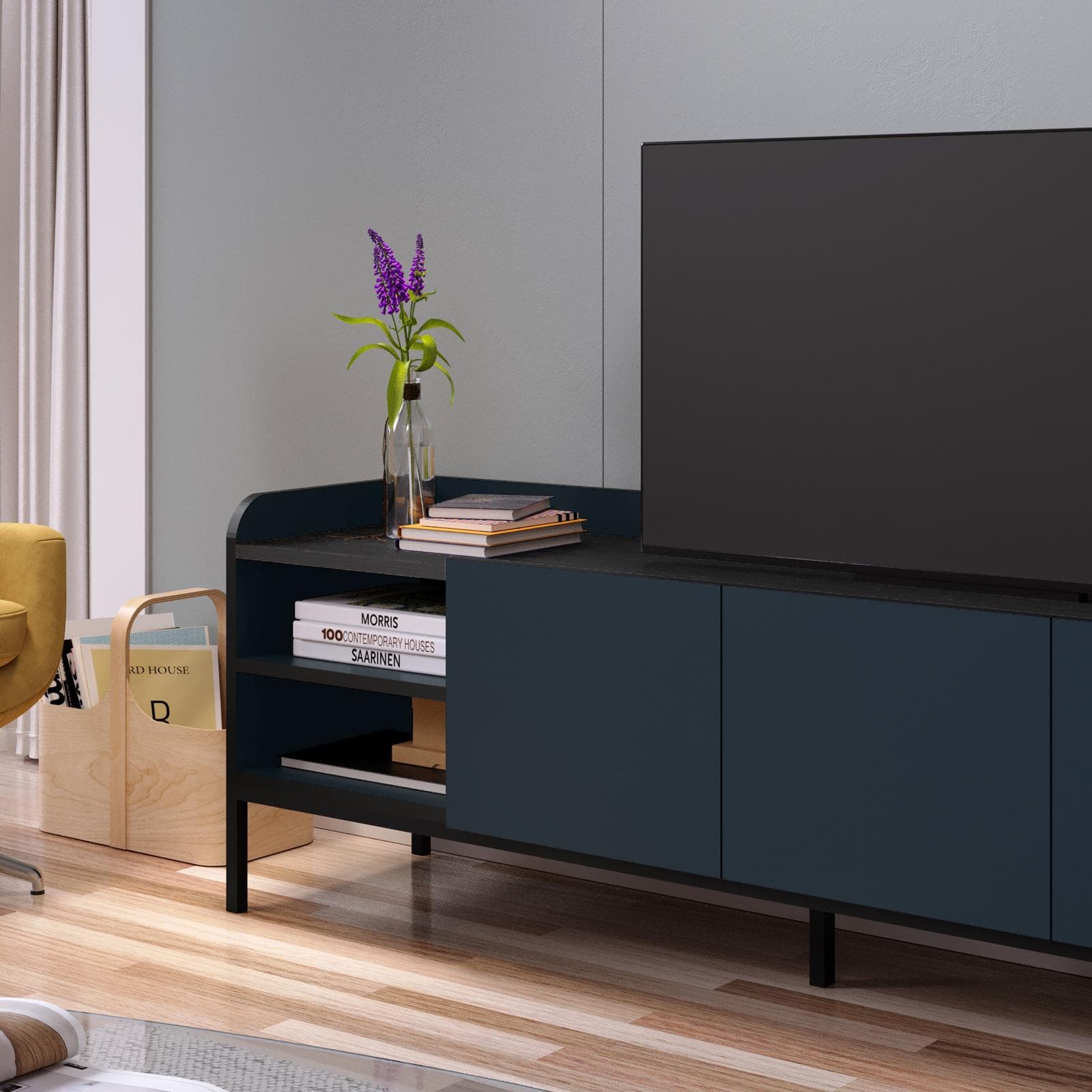Mobile porta tv 160x55h cm blu con 3 ante e 2 vani a giorno e gambe in metallo nero - Jewel