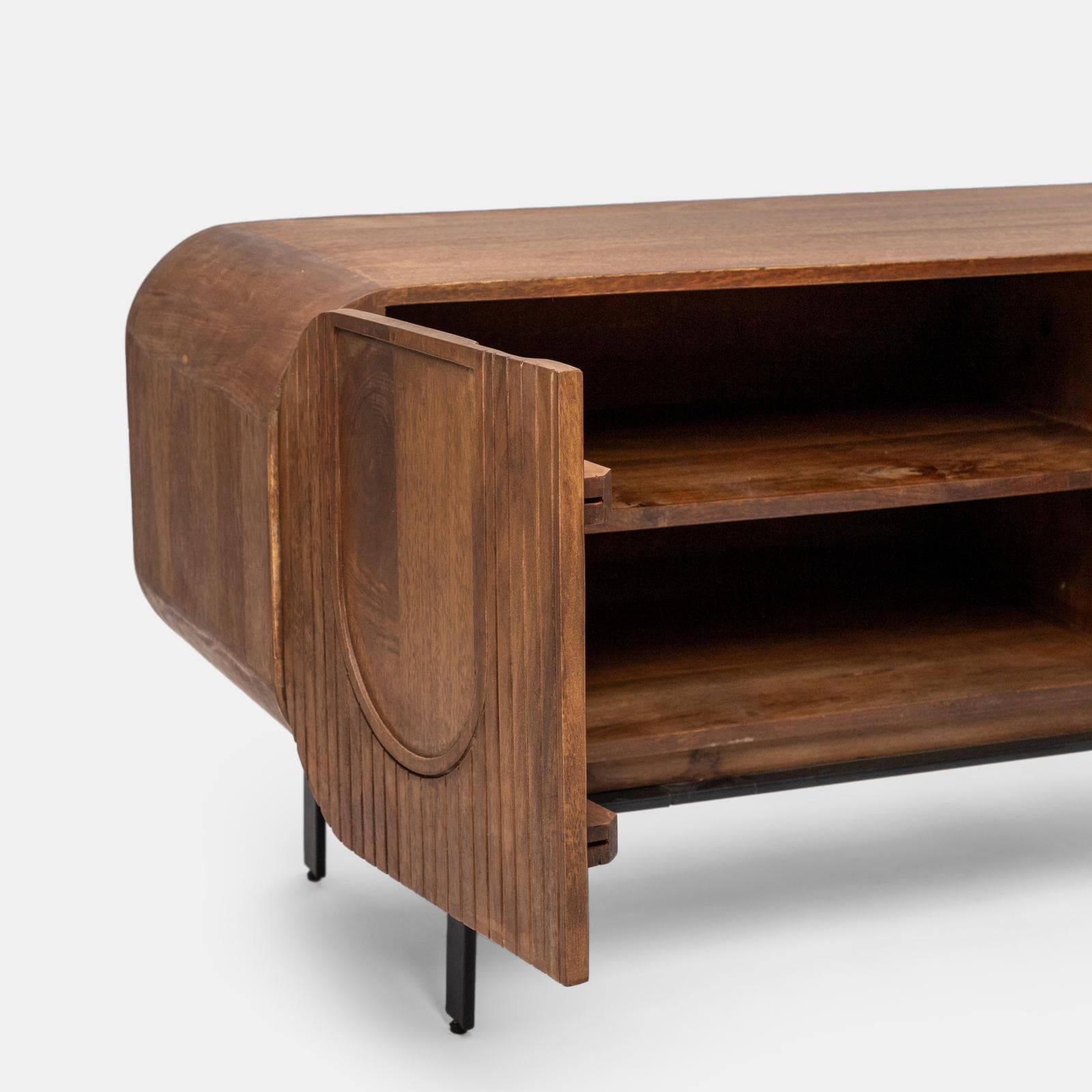 Mobile porta tv 160x55h cm in legno di mango cannettato miele con 3 ante e 2 cassetti - Mahika Round