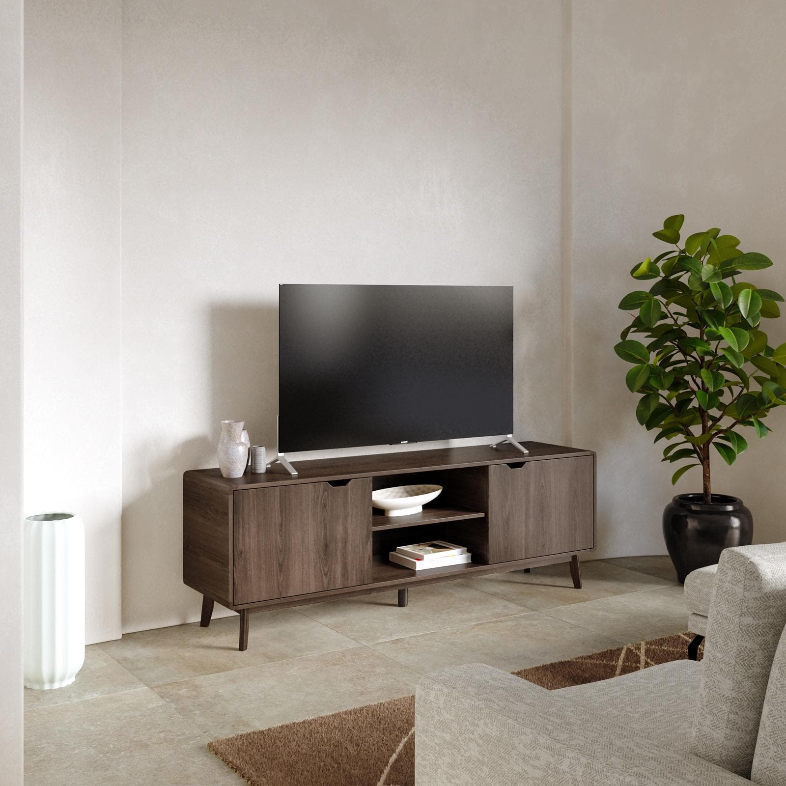 Mobile porta tv 160x55h cm in legno rovere kover con 2 vani a giorno e 2 ante - Ember