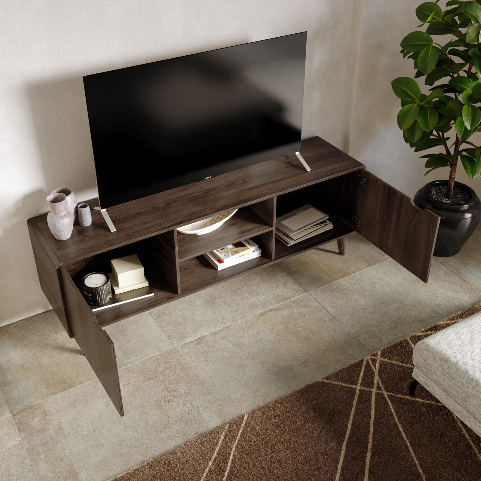 Mobile porta tv 160x55h cm in legno rovere kover con 2 vani a giorno e 2 ante - Ember
