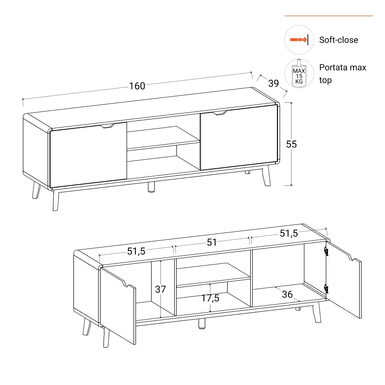 Mobile porta tv 160x55h cm in legno rovere kover con 2 vani a giorno e 2 ante - Ember