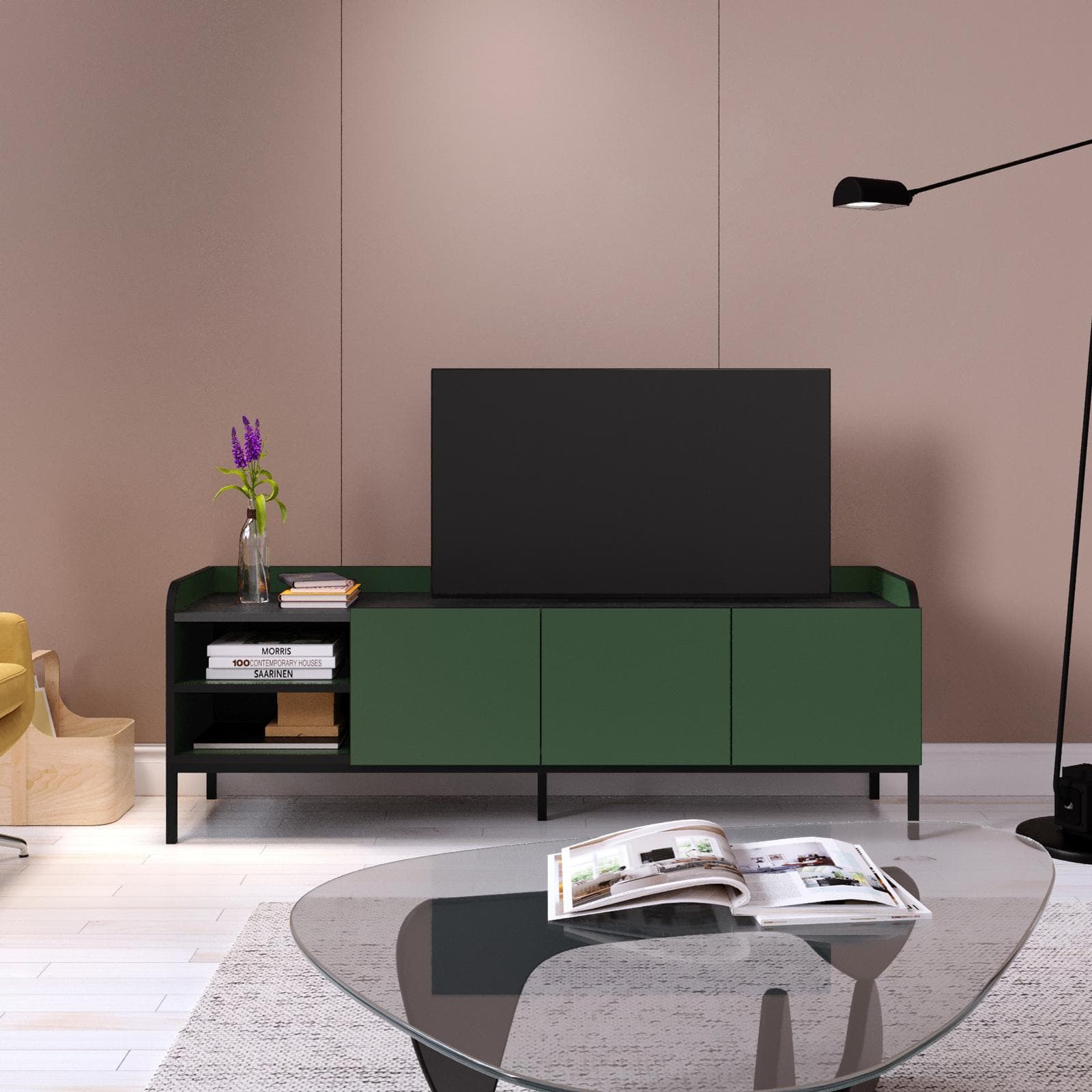 Mobile porta tv 160x55h cm verde con 3 ante e 2 vani a giorno e gambe in metallo nero - Jewel