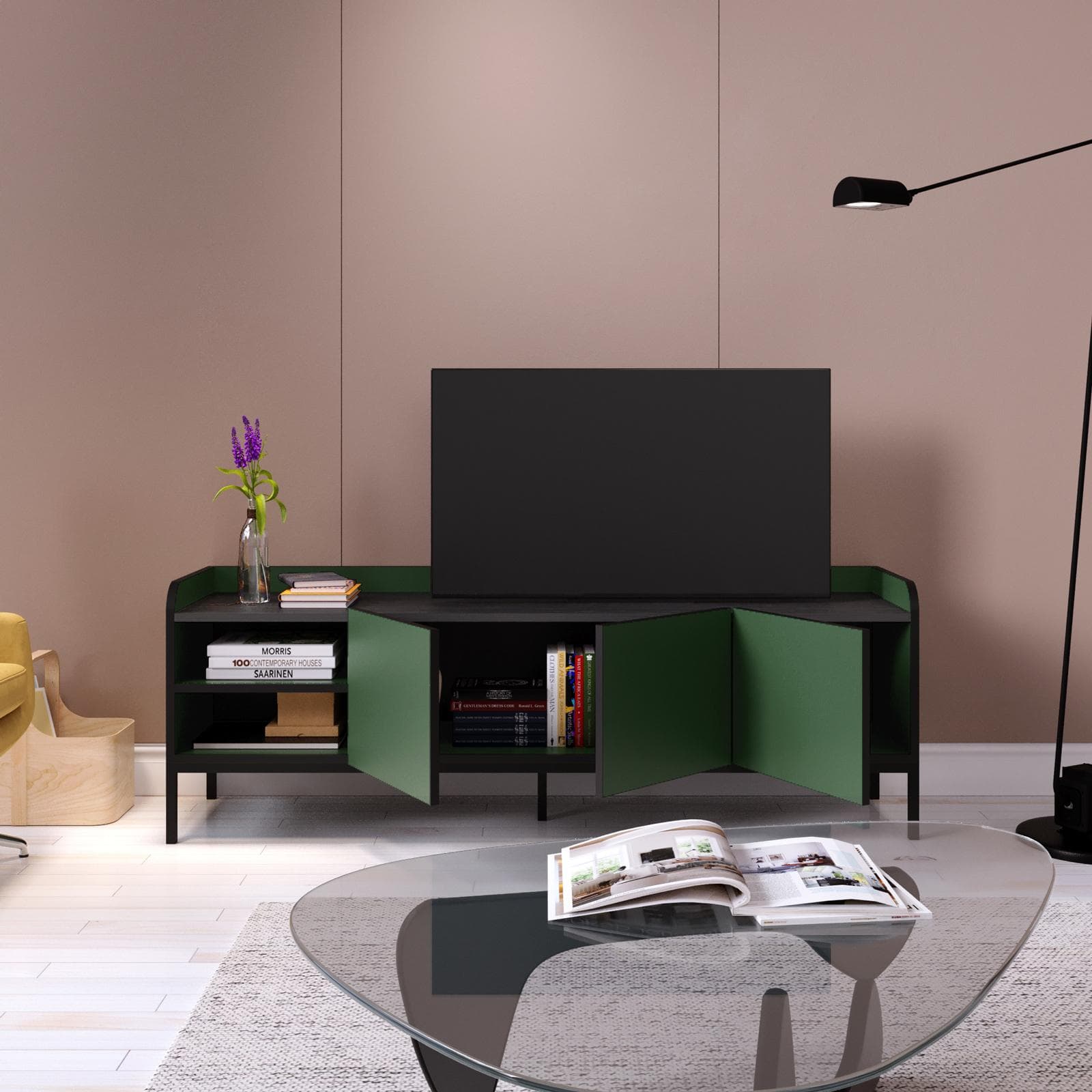 Mobile porta tv 160x55h cm verde con 3 ante e 2 vani a giorno e gambe in metallo nero - Jewel
