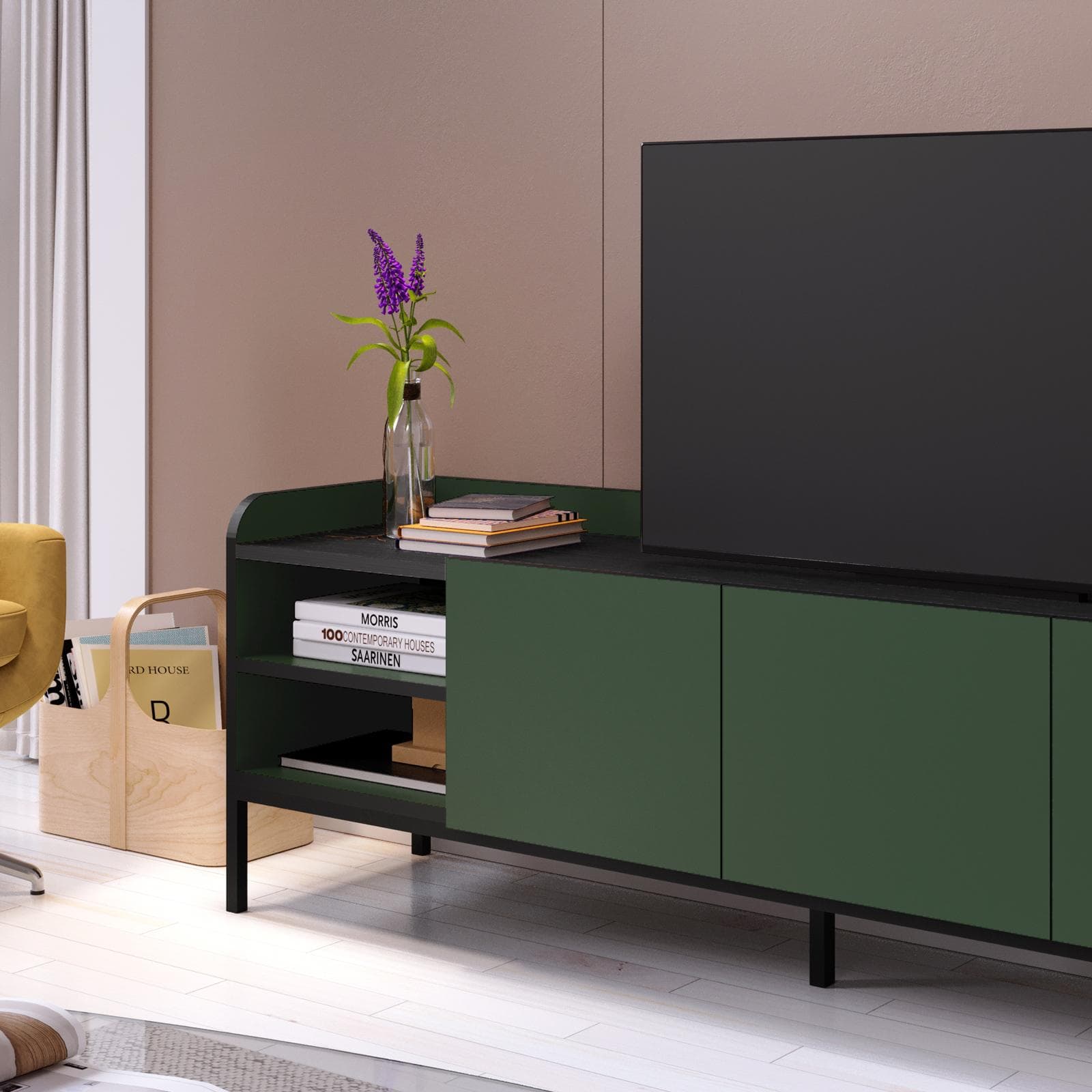 Mobile porta tv 160x55h cm verde con 3 ante e 2 vani a giorno e gambe in metallo nero - Jewel