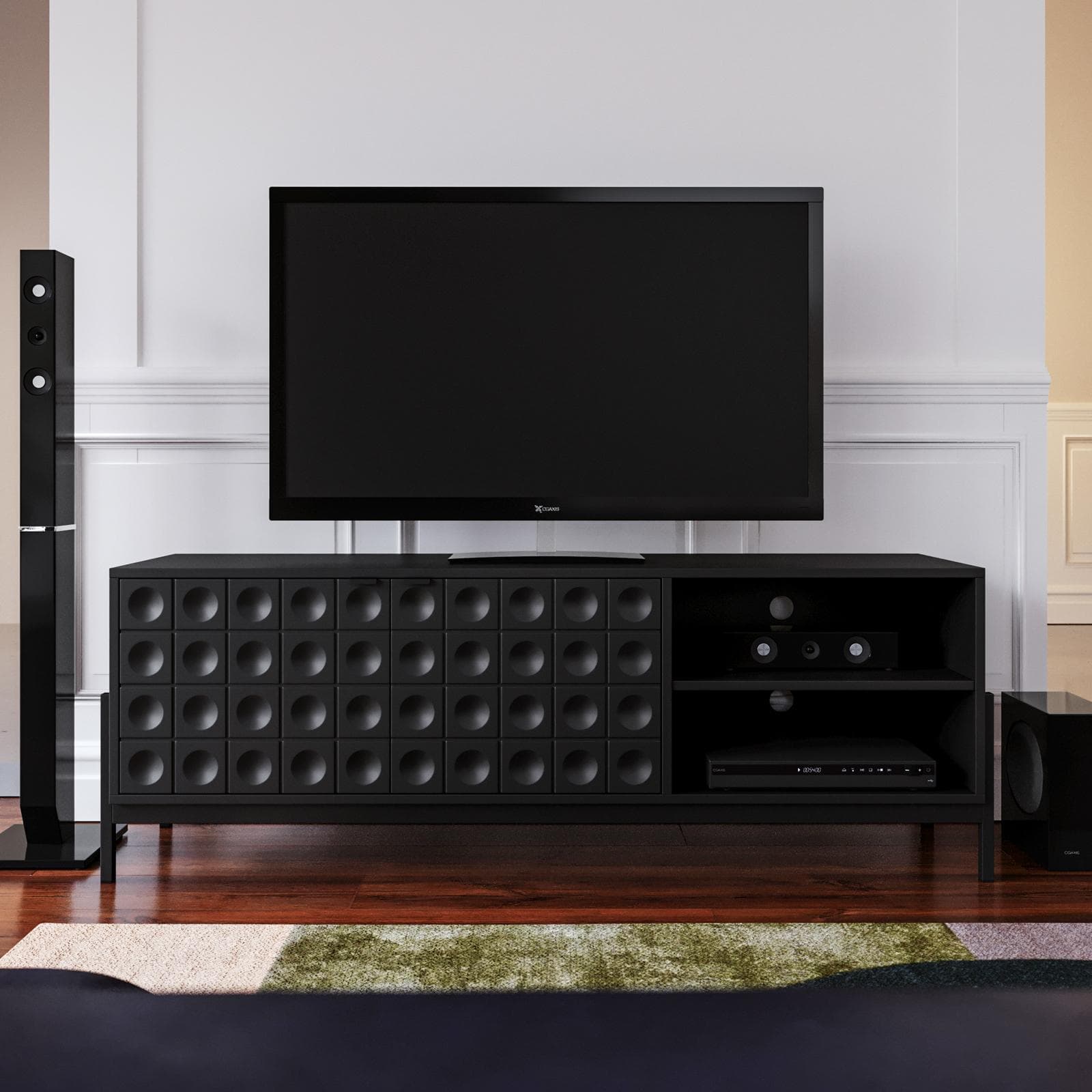 Mobile porta tv 163x58h cm nero con piedi in metallo e 2 ante soft close - Miara