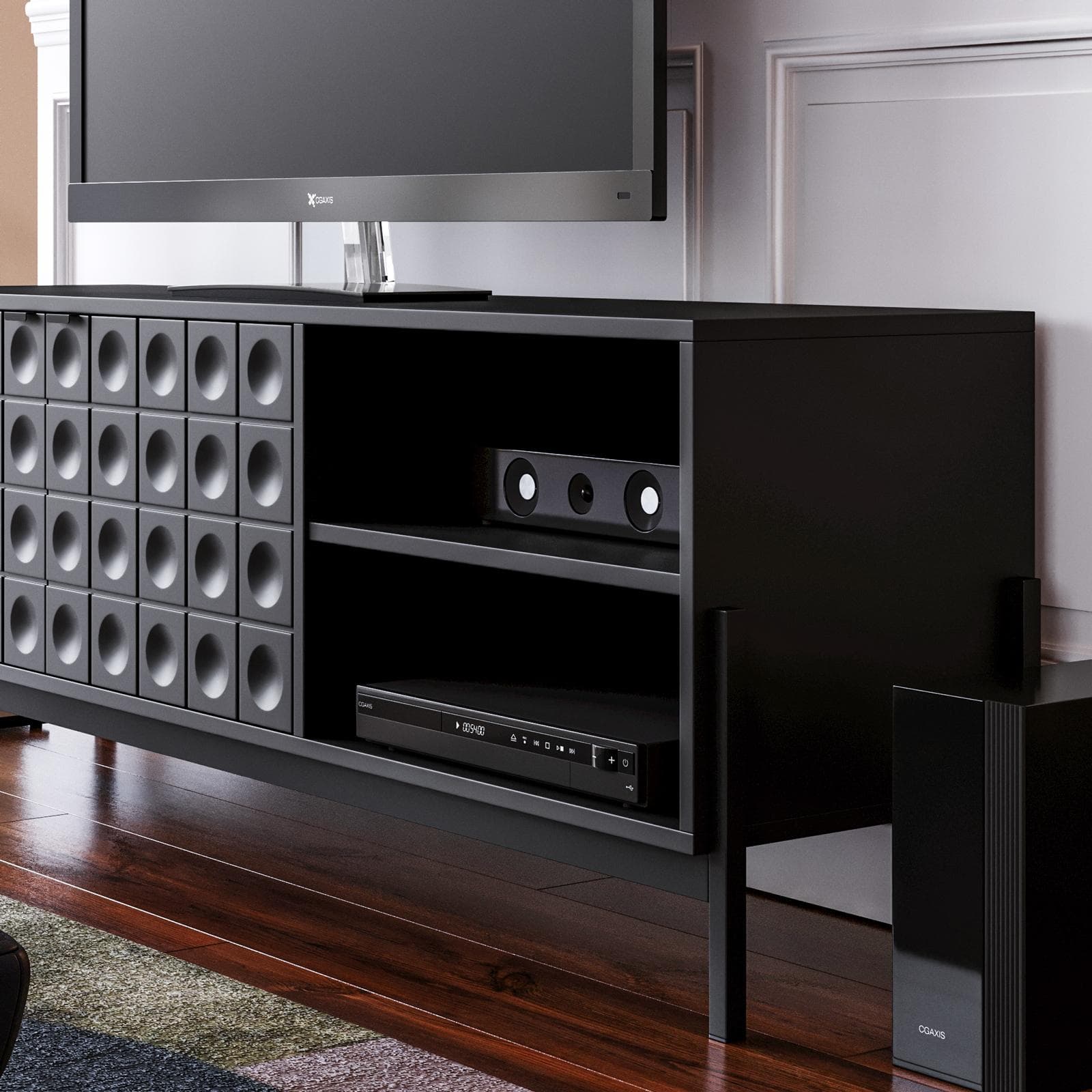 Mobile porta tv 163x58h cm nero con piedi in metallo e 2 ante soft close - Miara