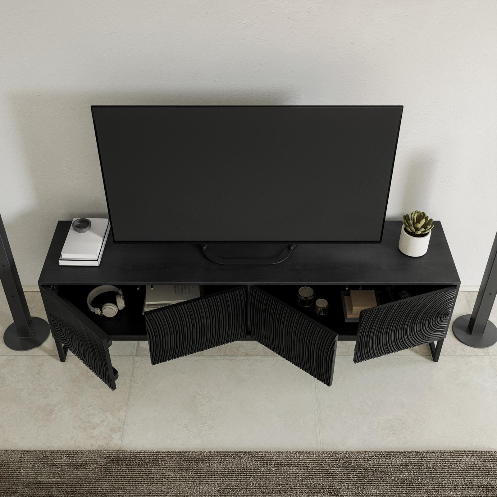 Mobile porta tv 170x50h cm in mango nero cannettato con 4 ante - Dailim