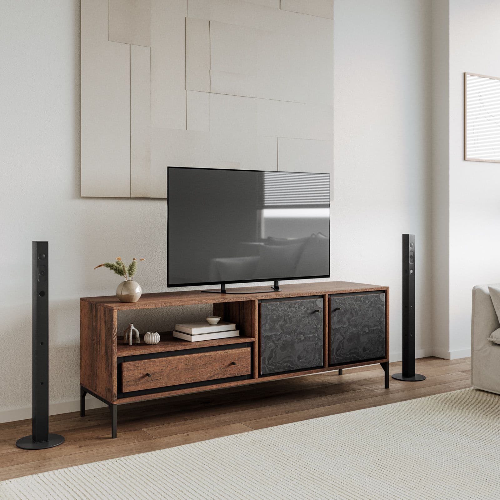 Porta tv 175x62h cm in legno di acacia con ante e cassetto - Freia Acacia