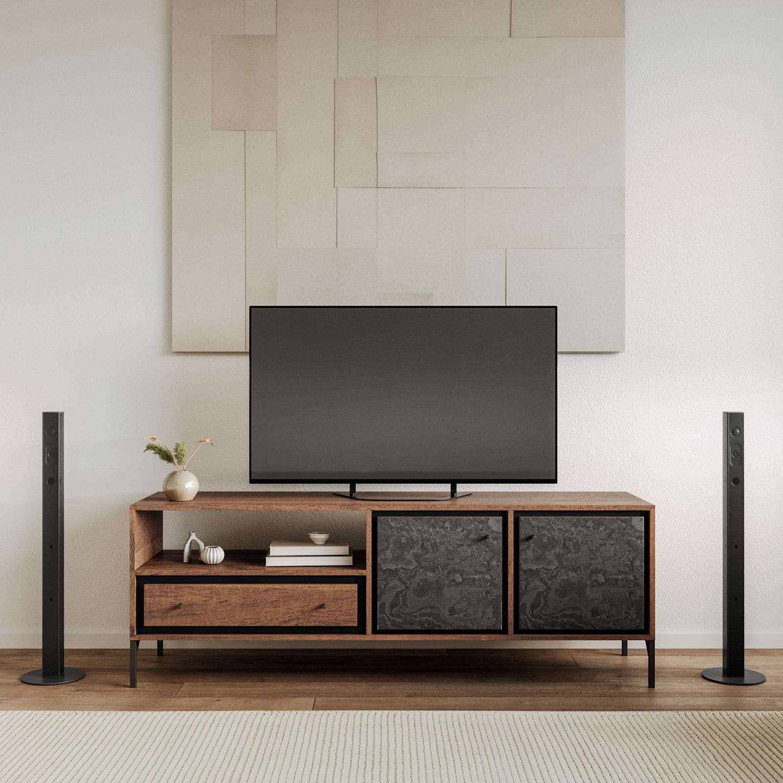 Porta tv 175x62h cm in legno di acacia con ante e cassetto - Freia Acacia