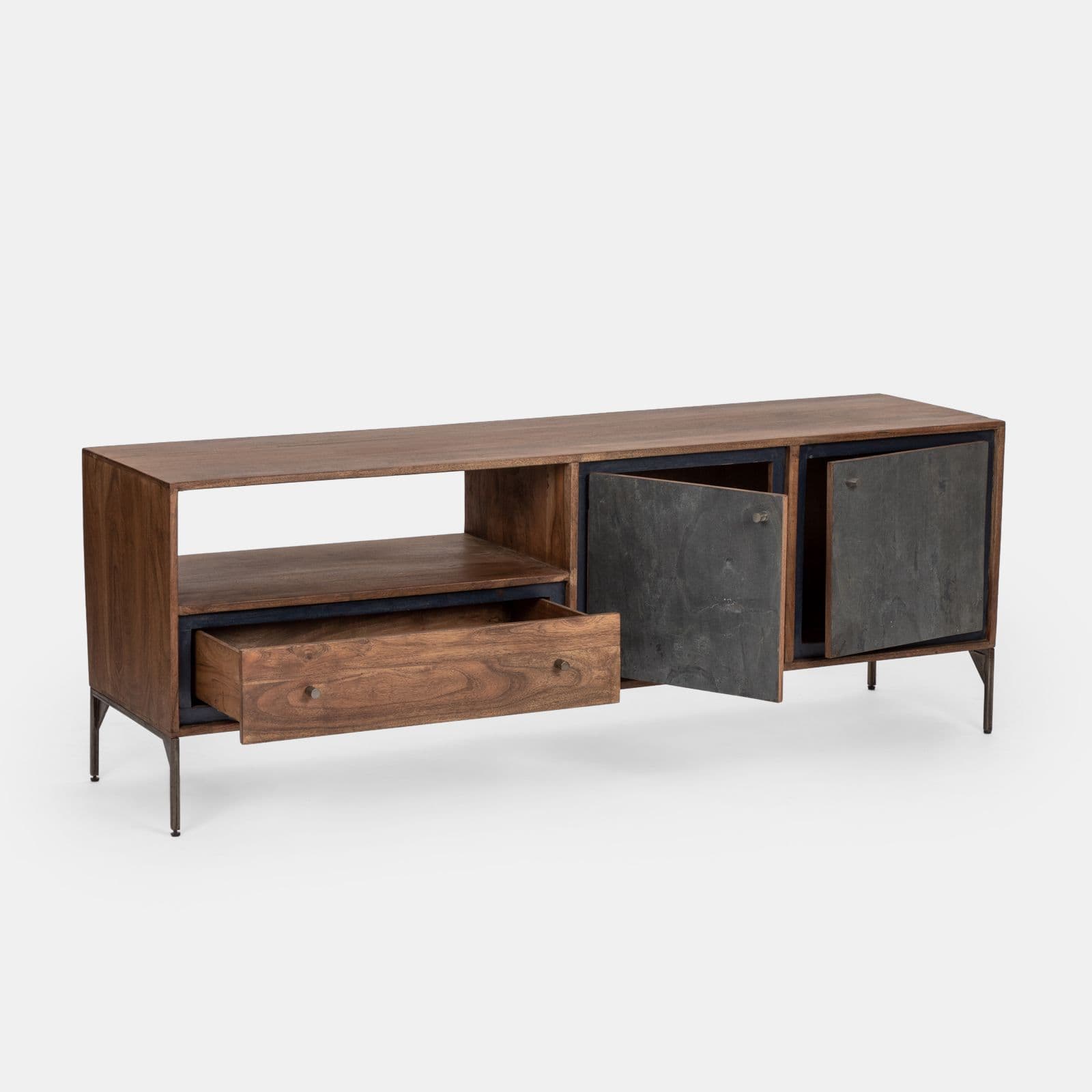 Porta tv 175x62h cm in legno di acacia con ante e cassetto - Freia Acacia